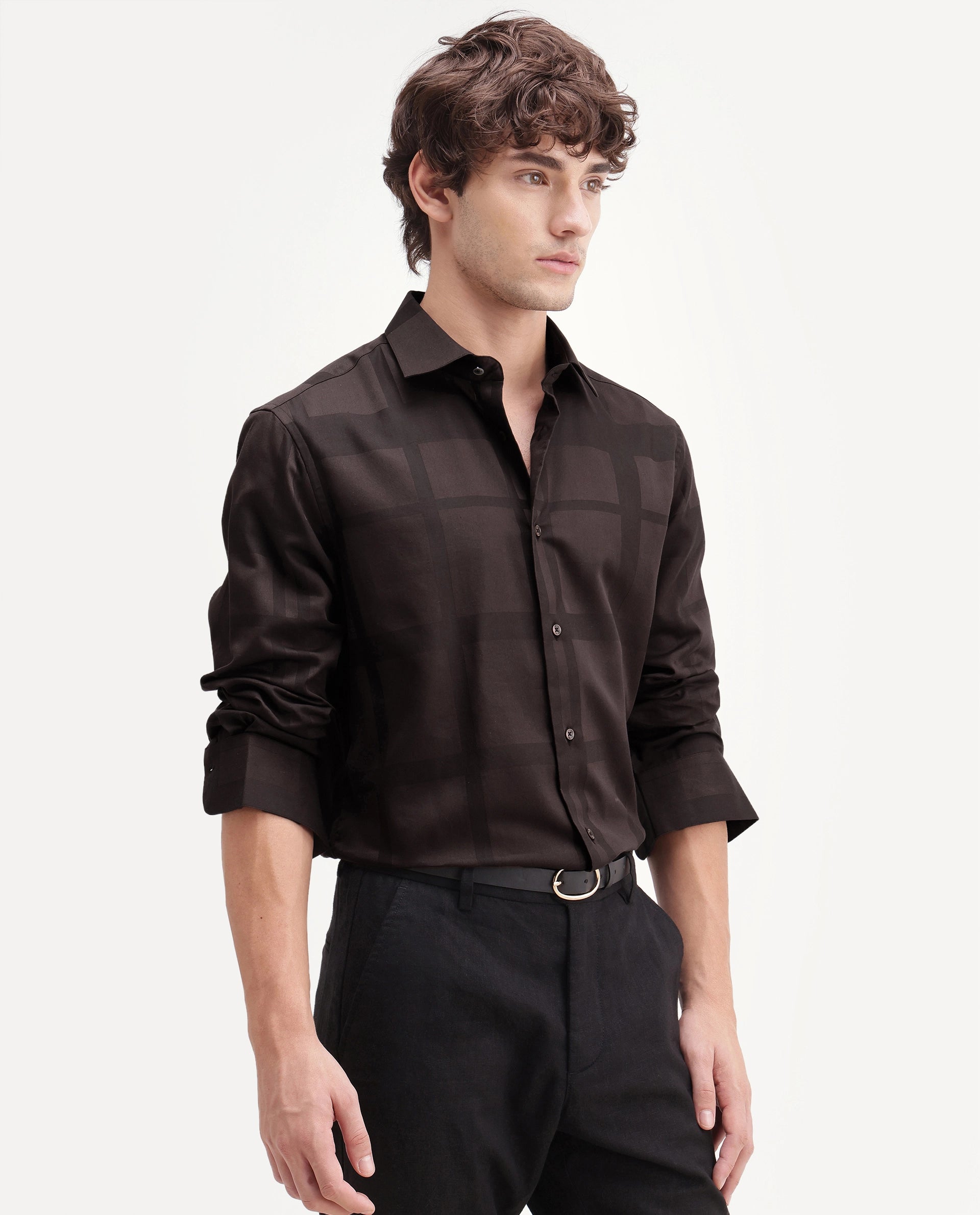 Rare Rabbit Men's Boxlet-Aw26 Brown Cotton Blend Spread Collar Regular Fit Plain Shirt