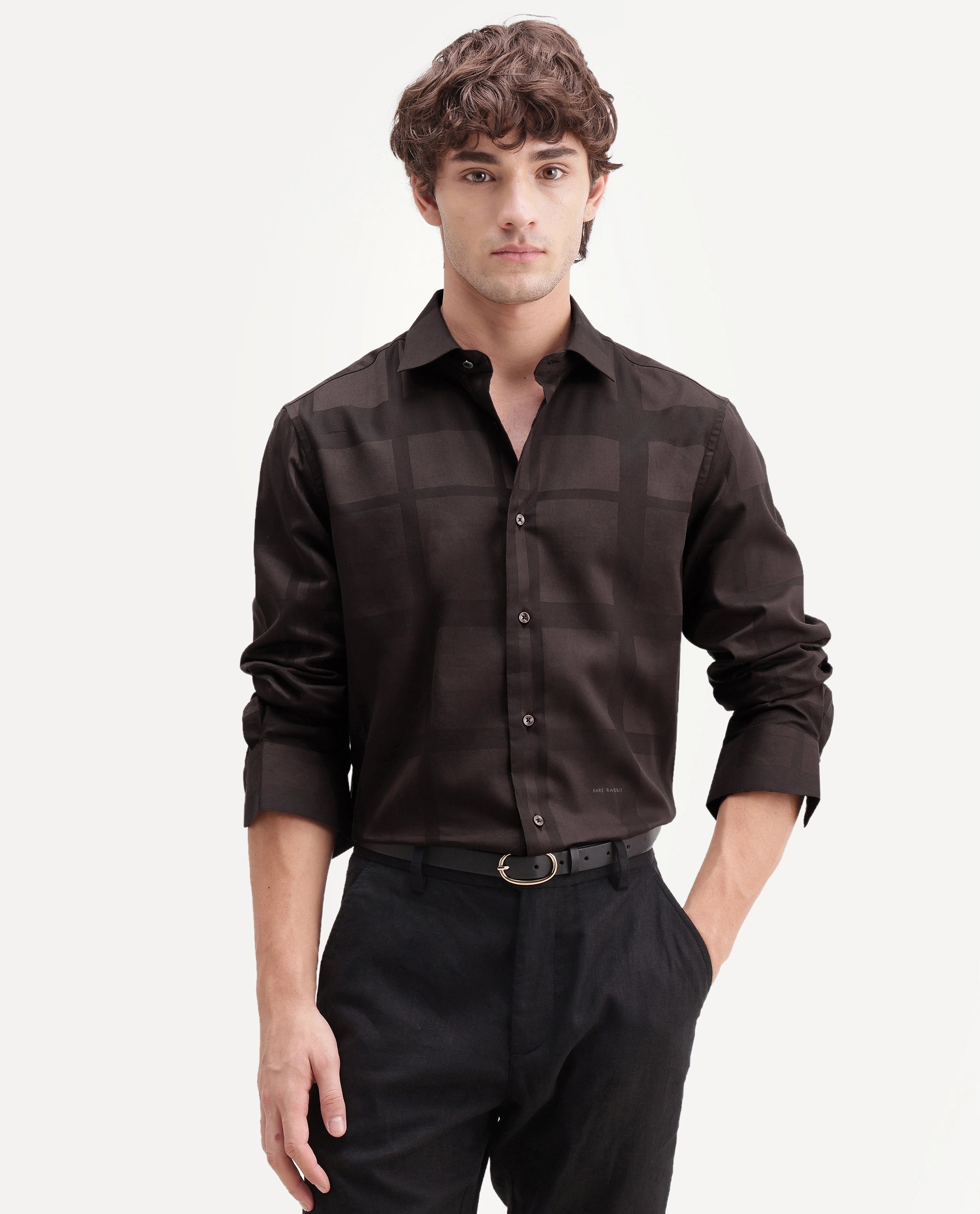 Rare Rabbit Men's Boxlet-Aw26 Brown Cotton Blend Spread Collar Regular Fit Plain Shirt