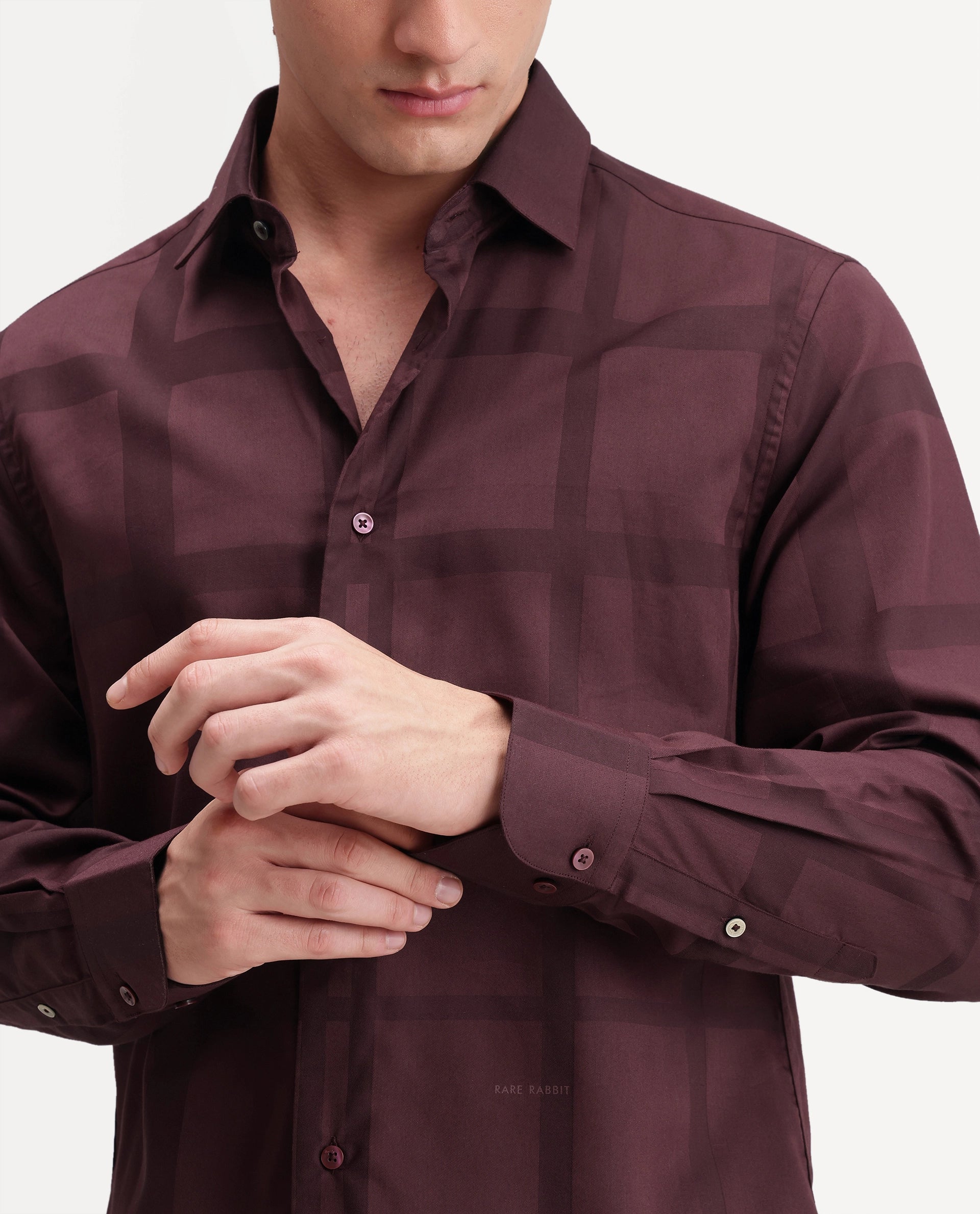 Rare Rabbit Men's Boxlet-Aw26 Dark Maroon Cotton Blend Spread Collar Regular Fit Checked Shirt