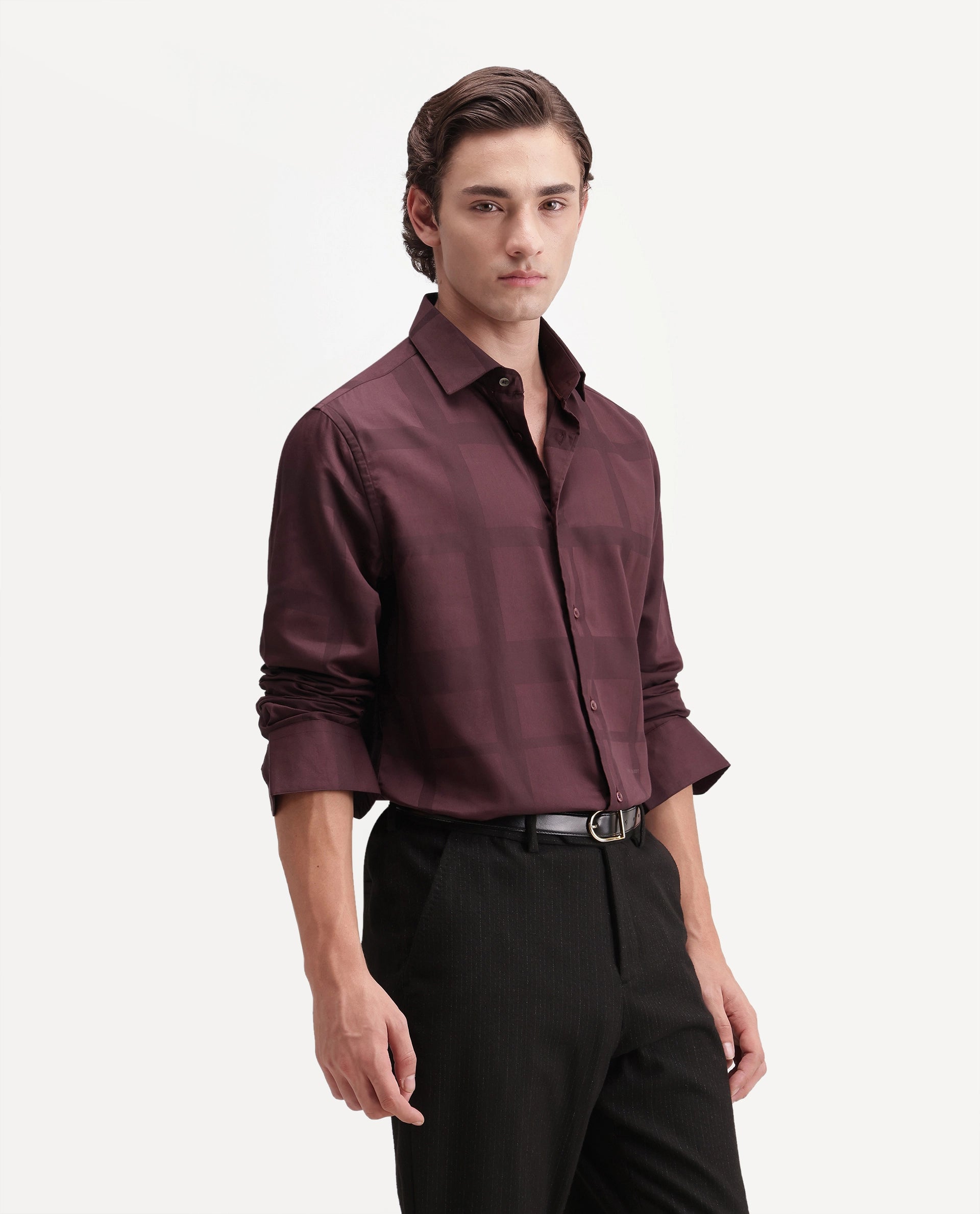 Rare Rabbit Men's Boxlet-Aw26 Dark Maroon Cotton Blend Spread Collar Regular Fit Checked Shirt