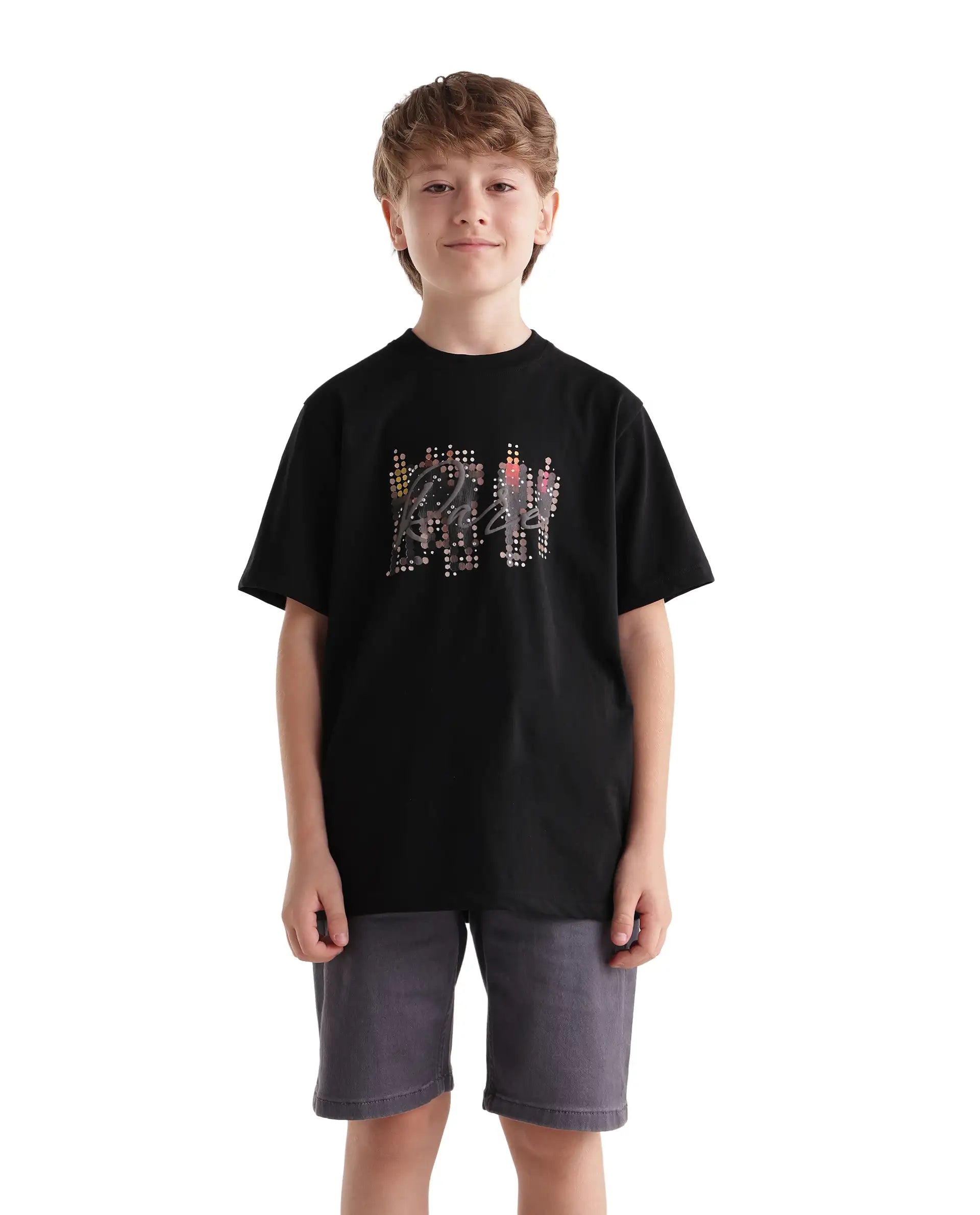 Rare Ones Kids Tive-K Black Cotton Blend Fabric Pull-On Closure Regular Fit Graphic Print T-Shirt