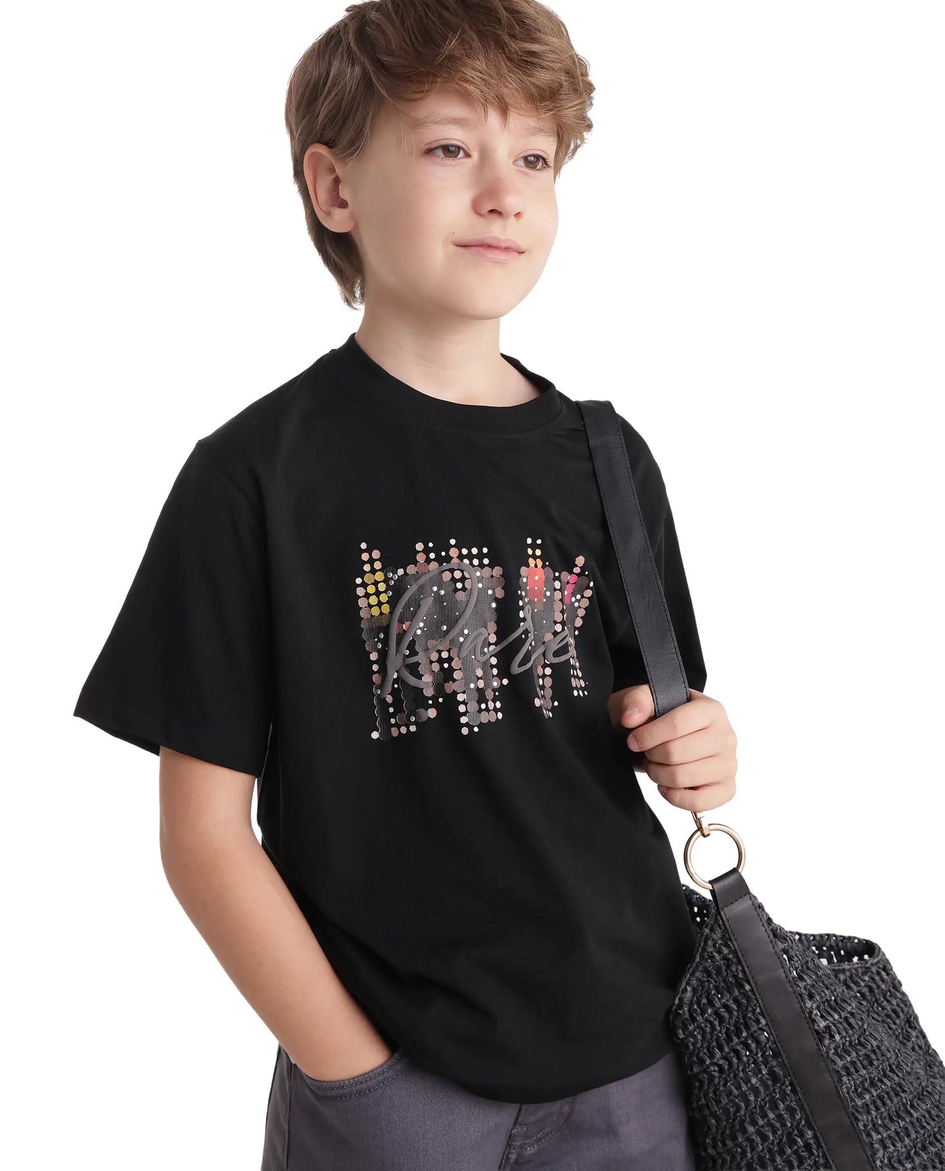 Rare Ones Kids Tive-K Black Cotton Blend Fabric Pull-On Closure Regular Fit Graphic Print T-Shirt