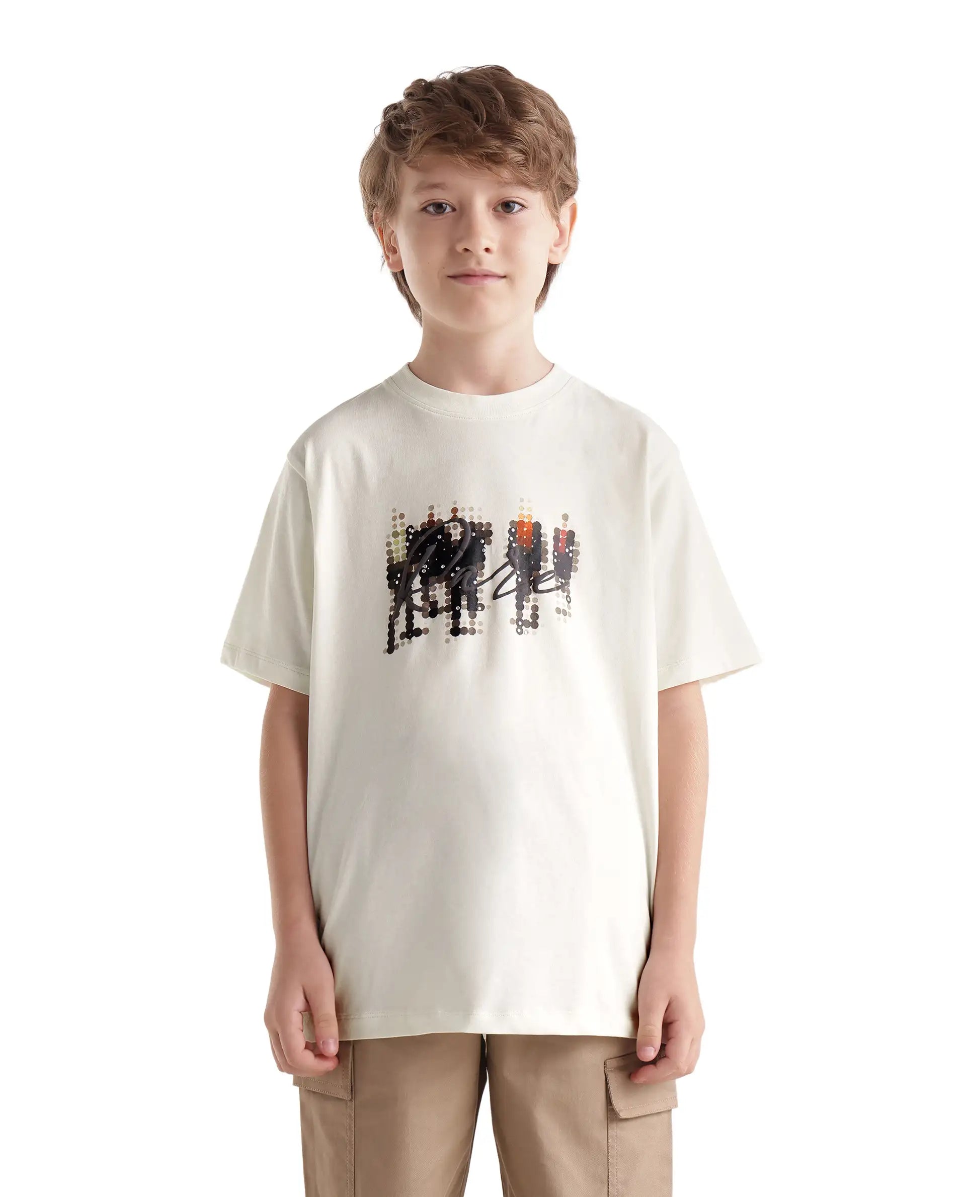 Rare Ones Kids Tive-K White Cotton Blend Fabric Pull-On Closure Regular Fit Graphic Print T-Shirt