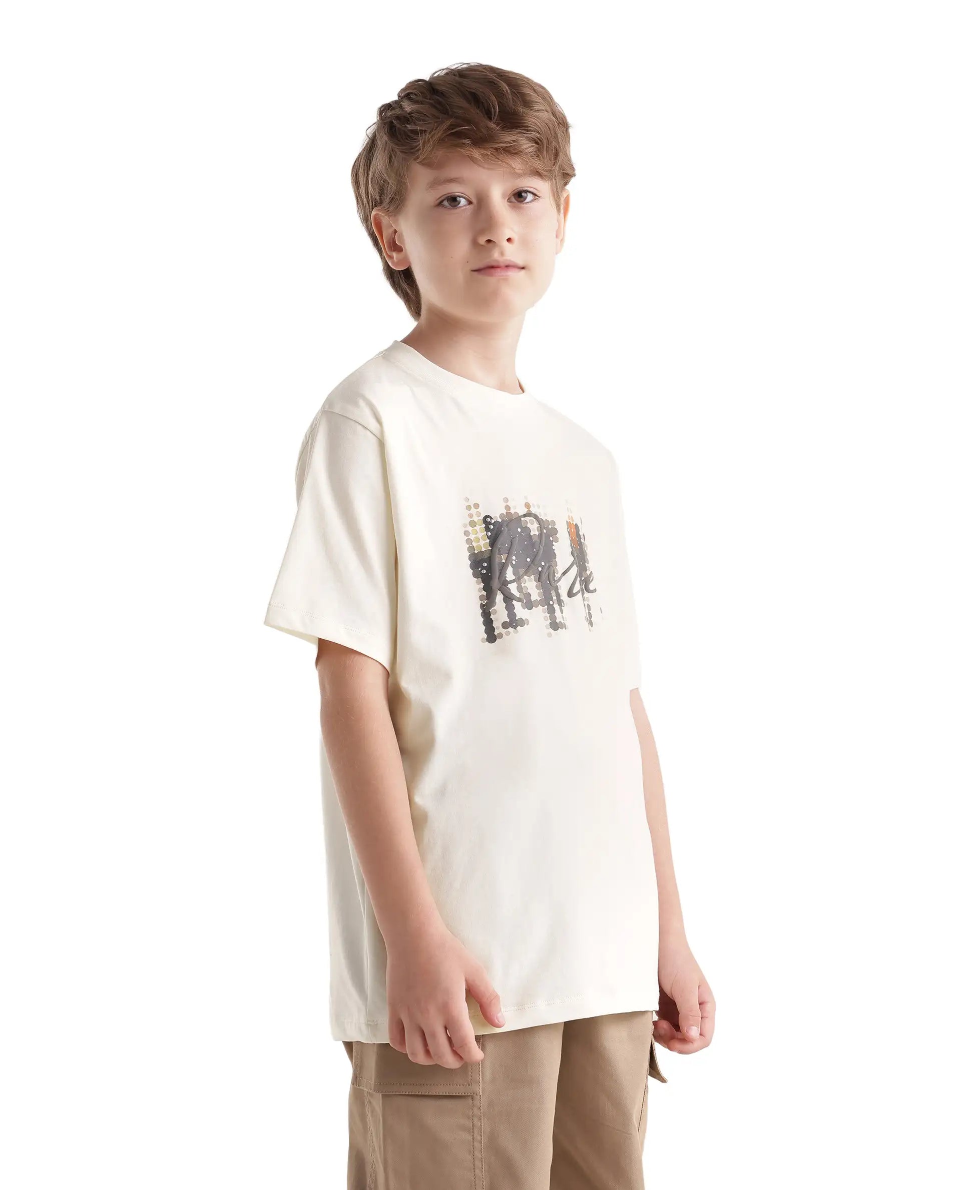 Rare Ones Kids Tive-K White Cotton Blend Fabric Pull-On Closure Regular Fit Graphic Print T-Shirt