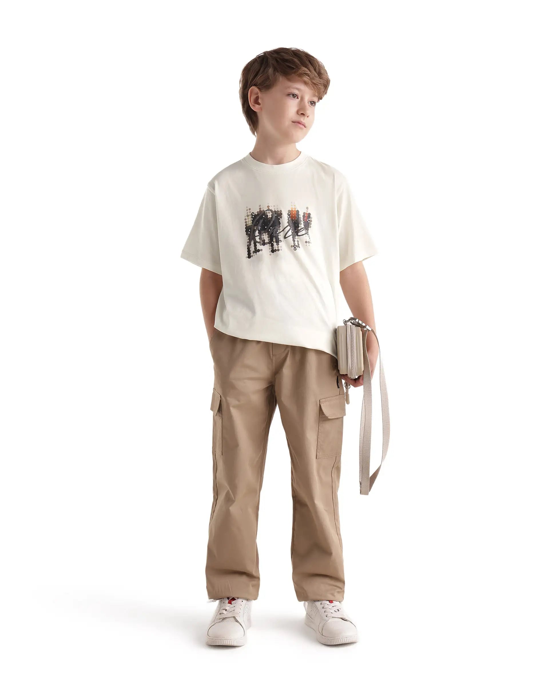 Rare Ones Kids Tive-K White Cotton Blend Fabric Pull-On Closure Regular Fit Graphic Print T-Shirt
