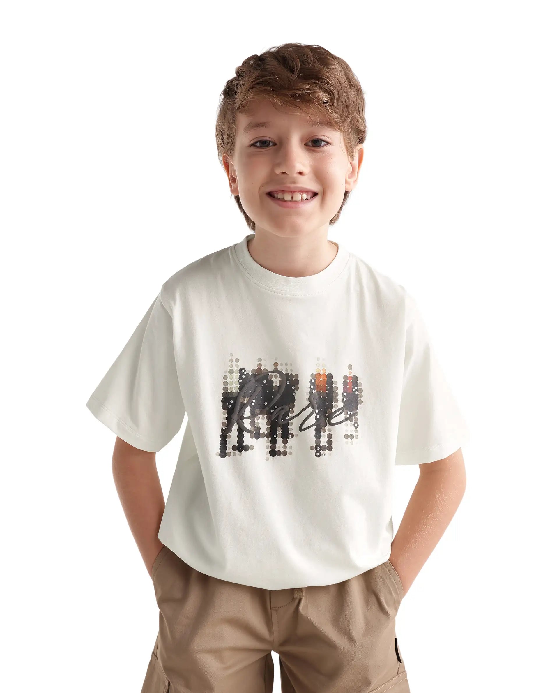 Rare Ones Kids Tive-K White Cotton Blend Fabric Pull-On Closure Regular Fit Graphic Print T-Shirt