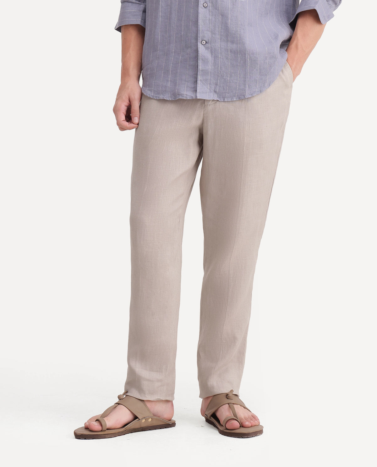 Rare Rabbit Men's Arcelo-A26 Beige 100% Linen Regular Fit Plain Trouser