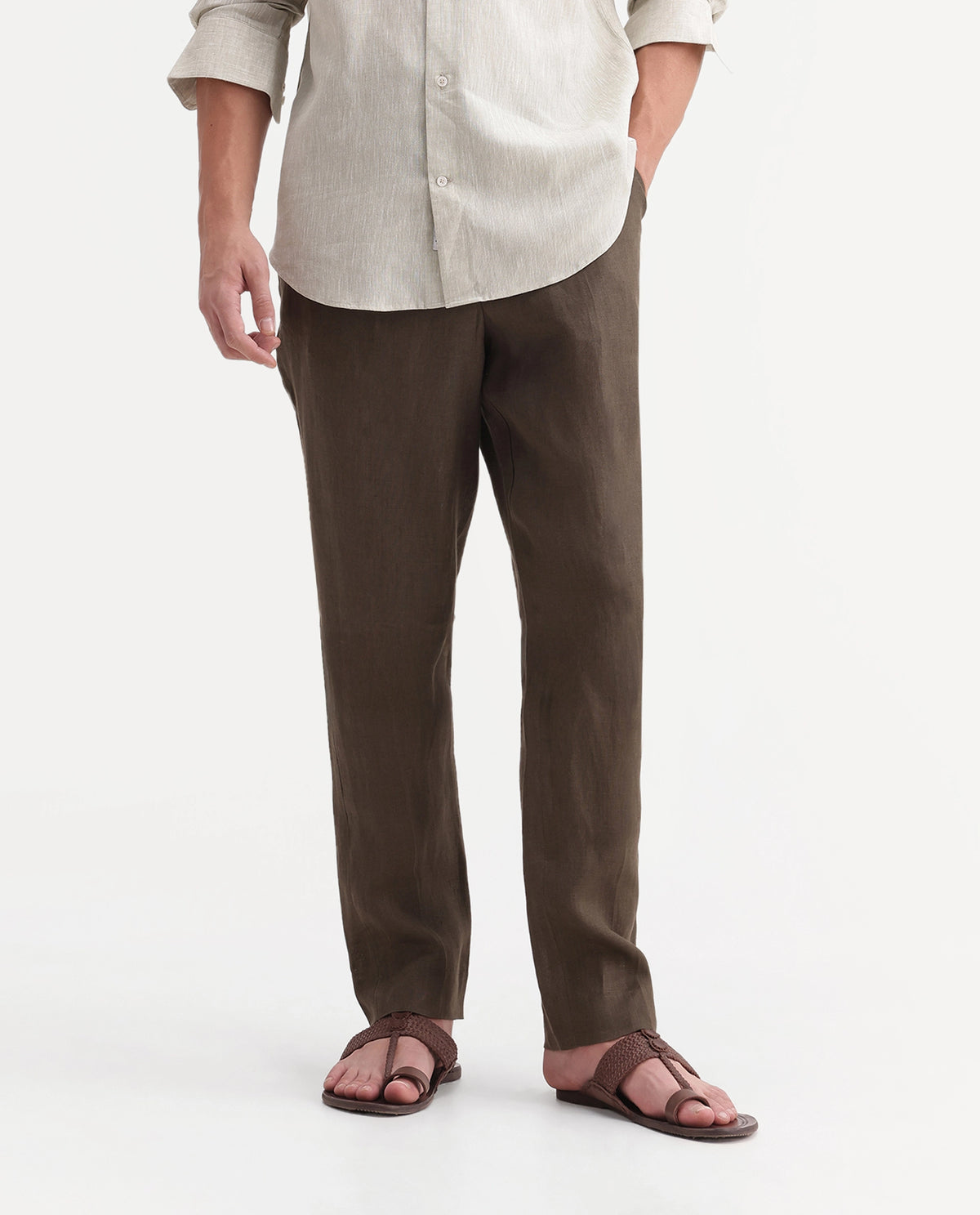 Rare Rabbit Men's Arcelo-A26 Olive 100% Linen Regular Fit Plain Trouser