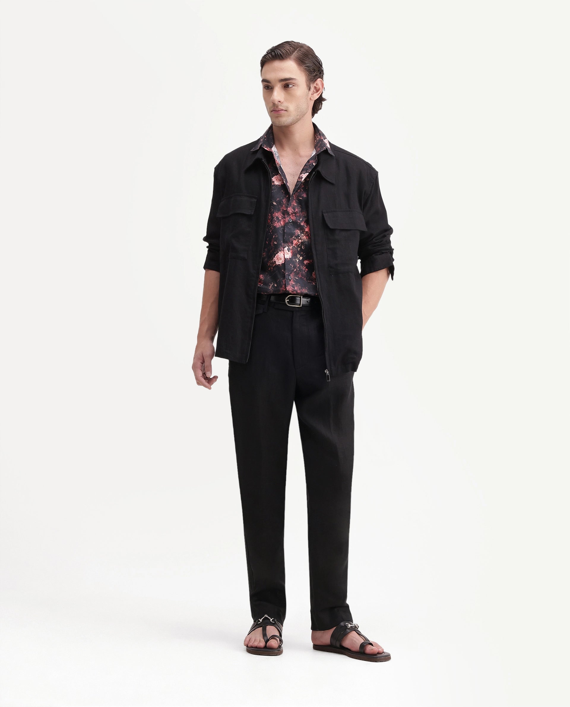 Rare Rabbit Men's Arcelo-A26 Black 100% Linen Regular Fit Plain Trouser