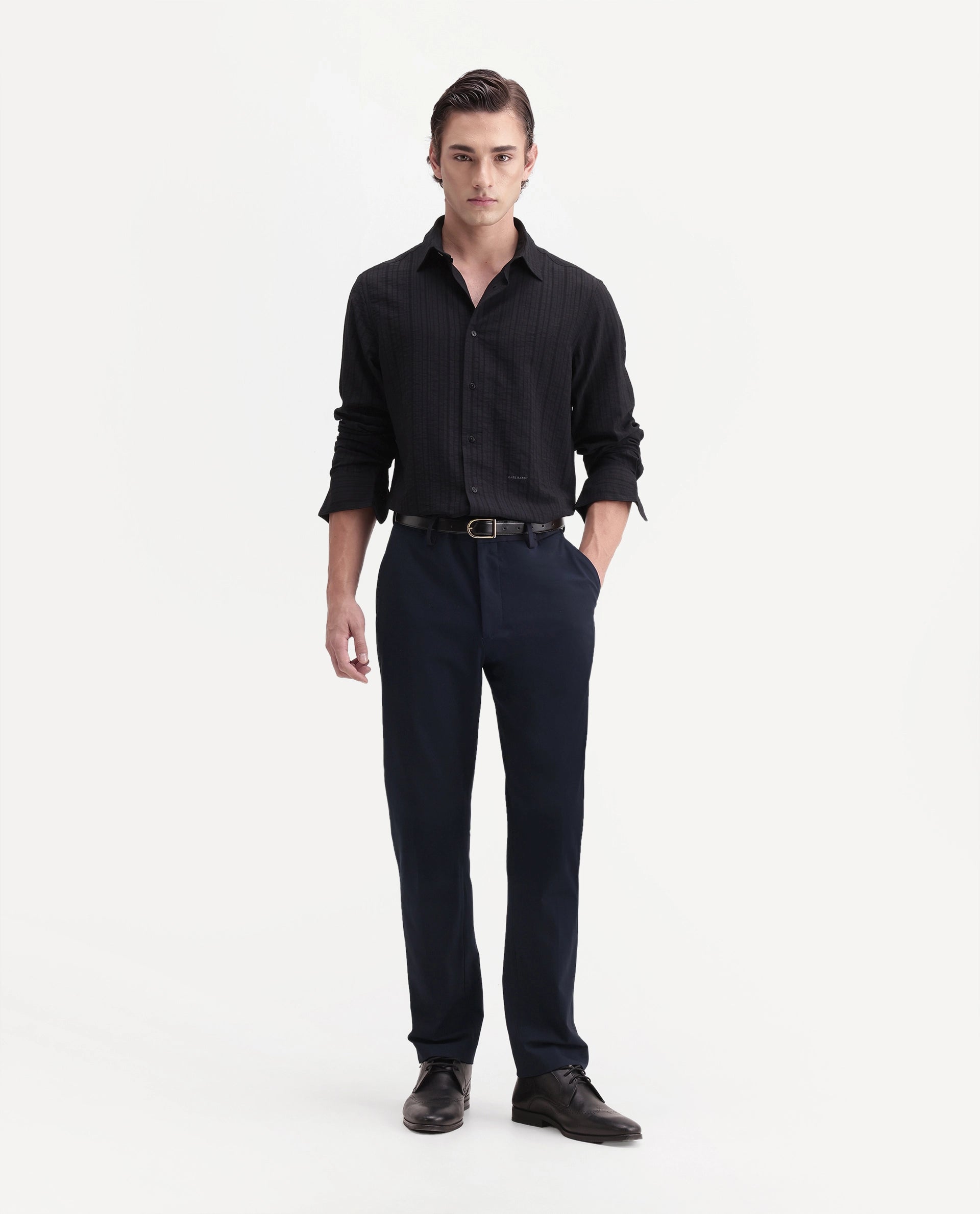 Rare Rabbit Men's Arcade-A26 Dark Navy Polyester Blend Regular Fit Plain Trouser