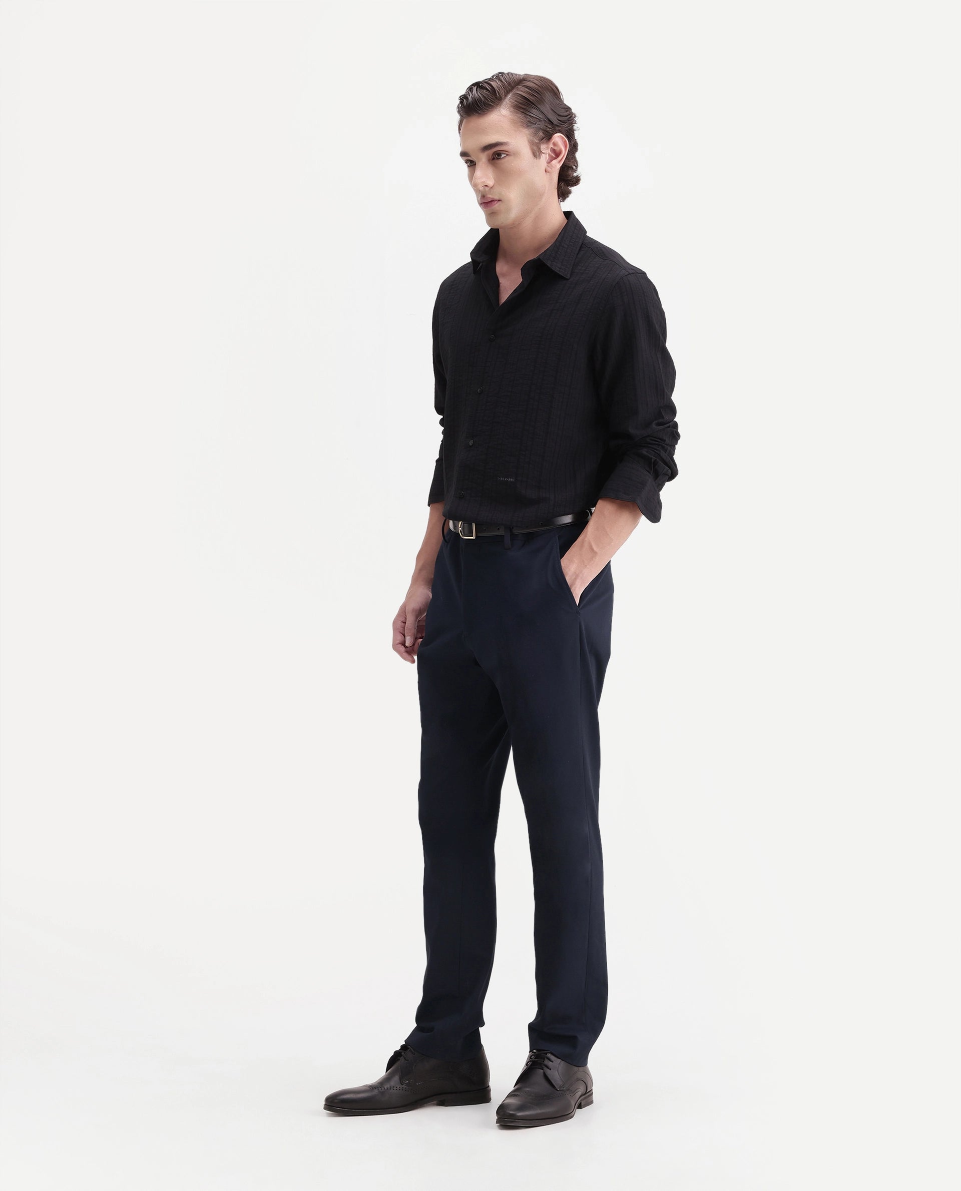 Rare Rabbit Men's Arcade-A26 Dark Navy Polyester Blend Regular Fit Plain Trouser