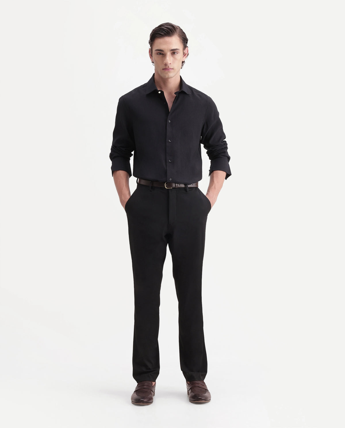 Rare Rabbit Men's Arcade-A26 Black Polyester Blend Regular Fit Plain Trouser