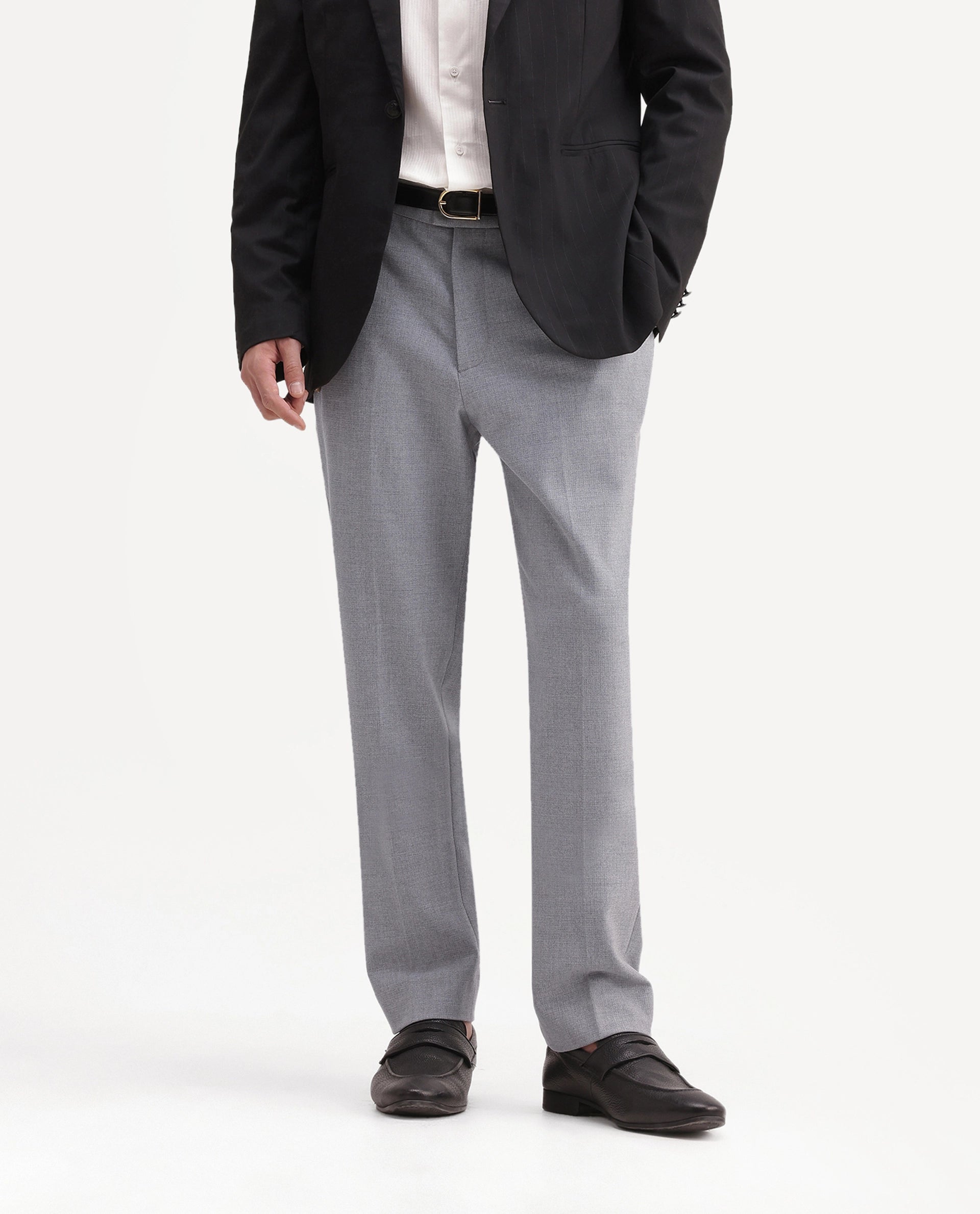 Rare Rabbit Men's Austin-A26 Light Grey Polyester Blend Regular Fit Plain Trouser