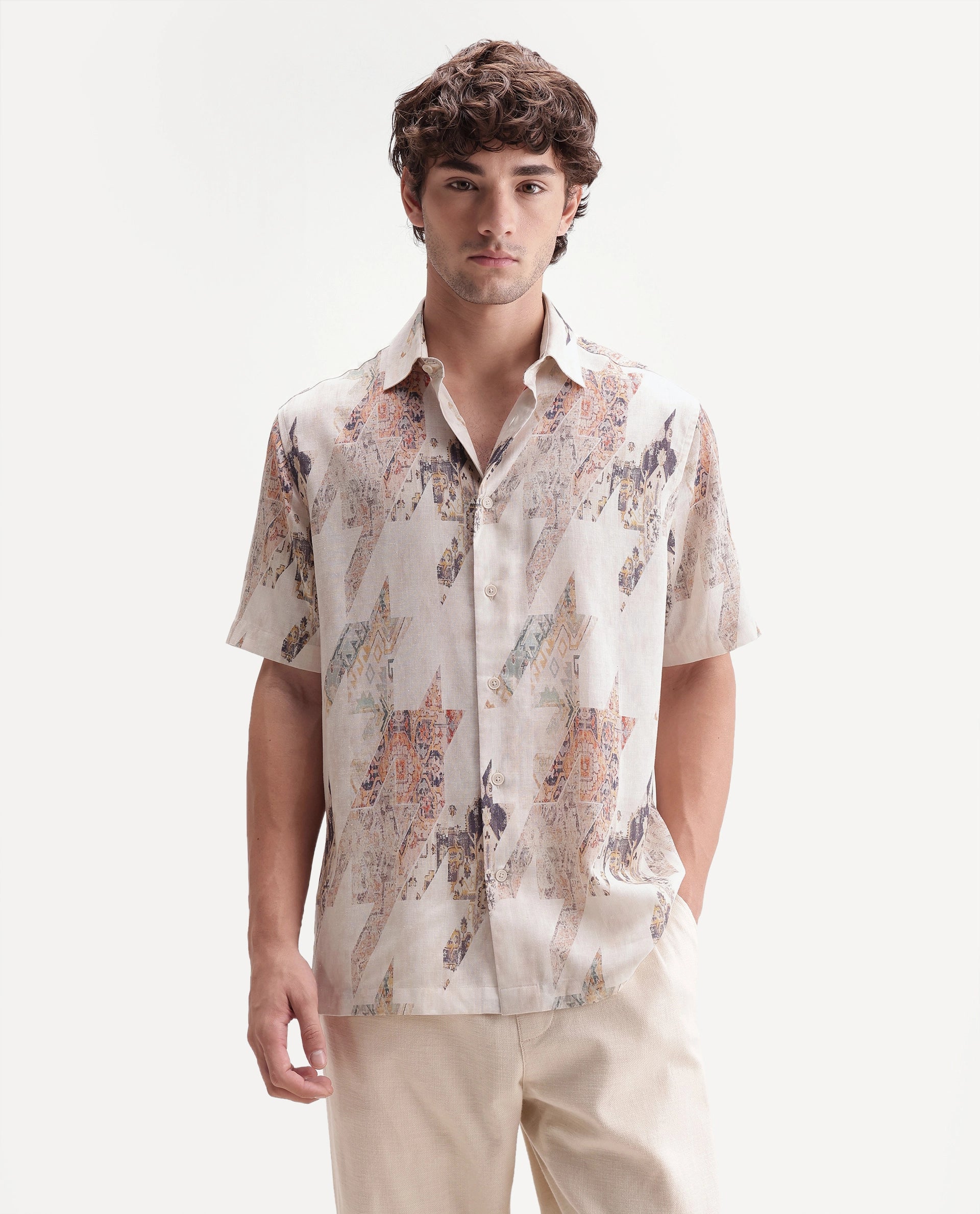 Rare Rabbit Men's Mexa Light Beige Linen Blend Spread Collar Regular Fit Geometric Print Shirt