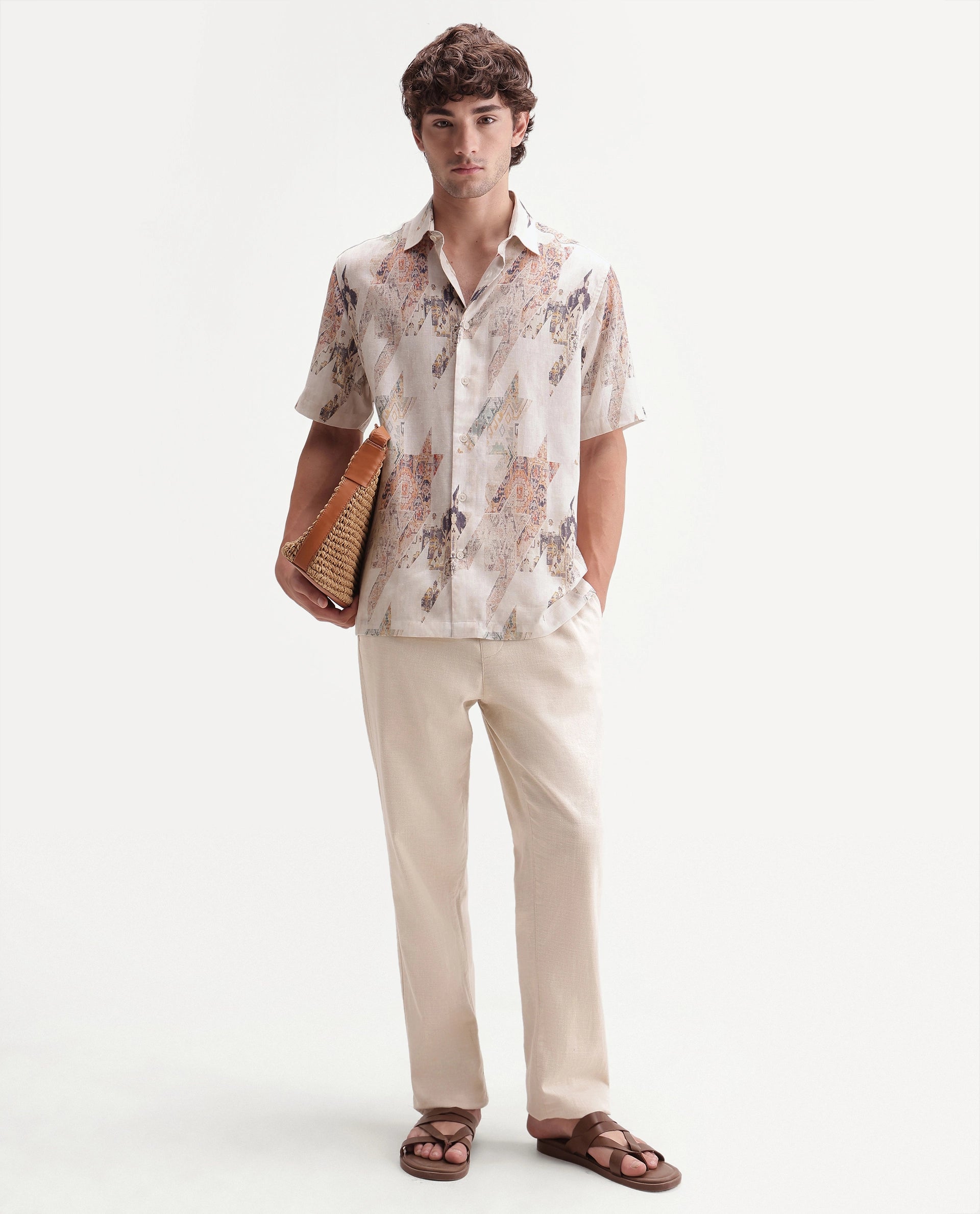 Rare Rabbit Men's Mexa Light Beige Linen Blend Spread Collar Regular Fit Geometric Print Shirt