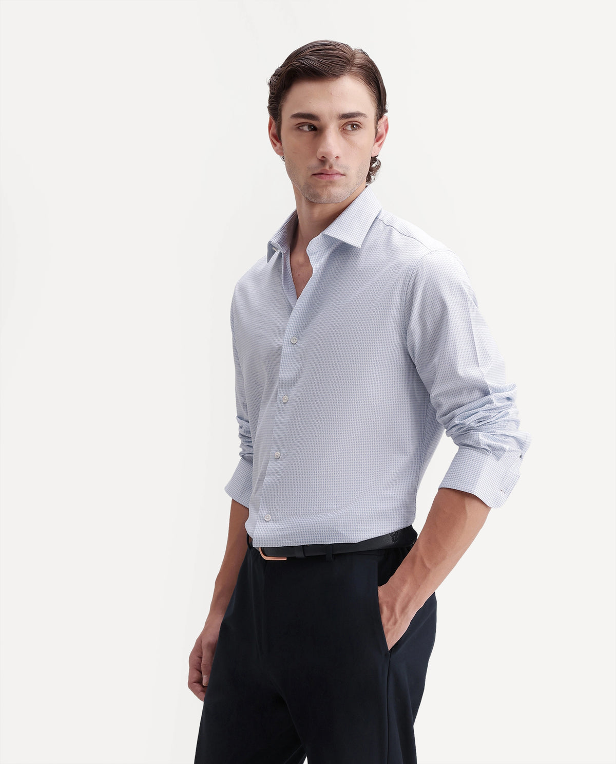 Rare Rabbit Men's Anaa Light Blue Cotton Spread Collar Regular Fit Checked Shirt