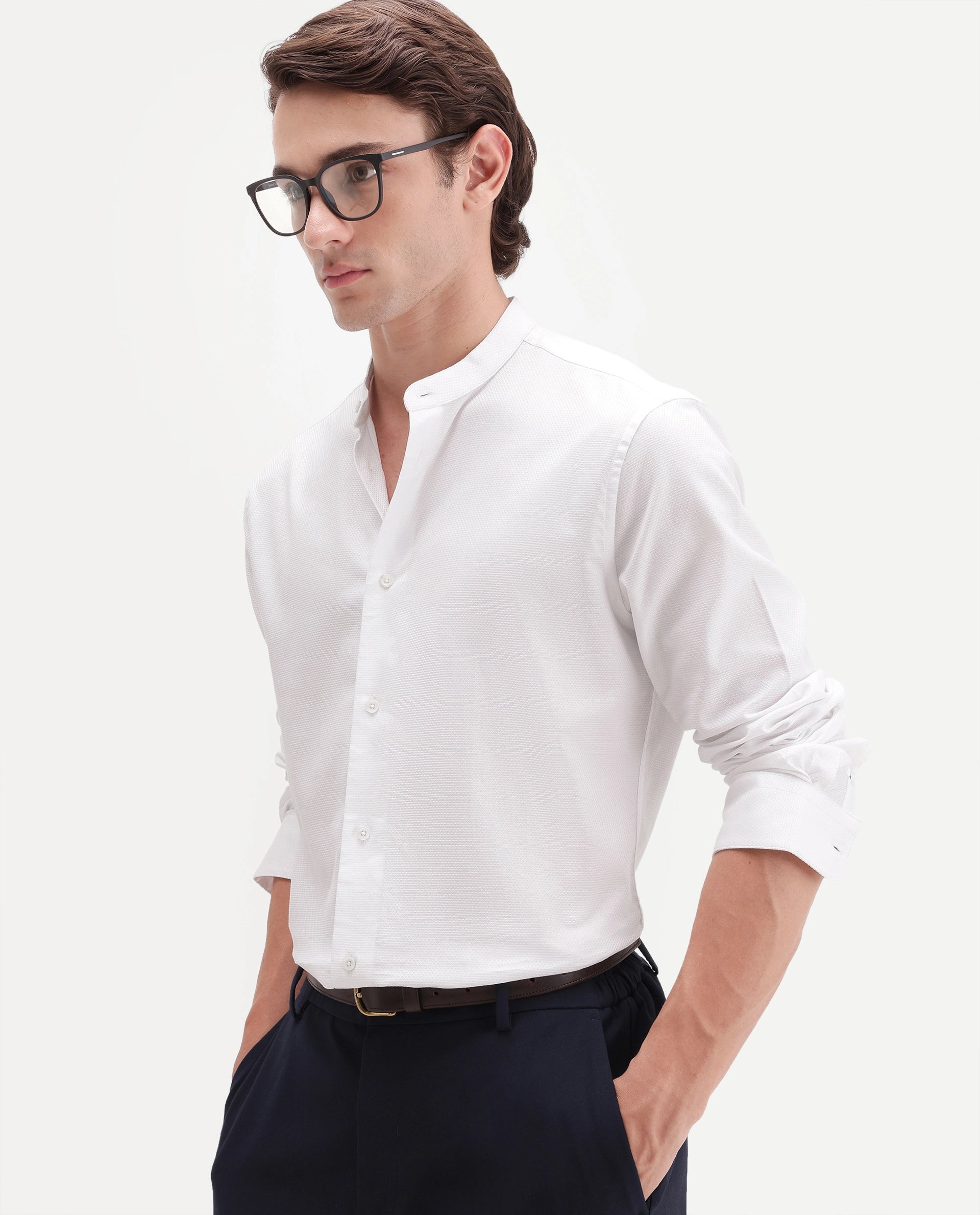 Rare Rabbit Men's Enigma White Cotton Mandarin Collar Regular Fit Plain Shirt