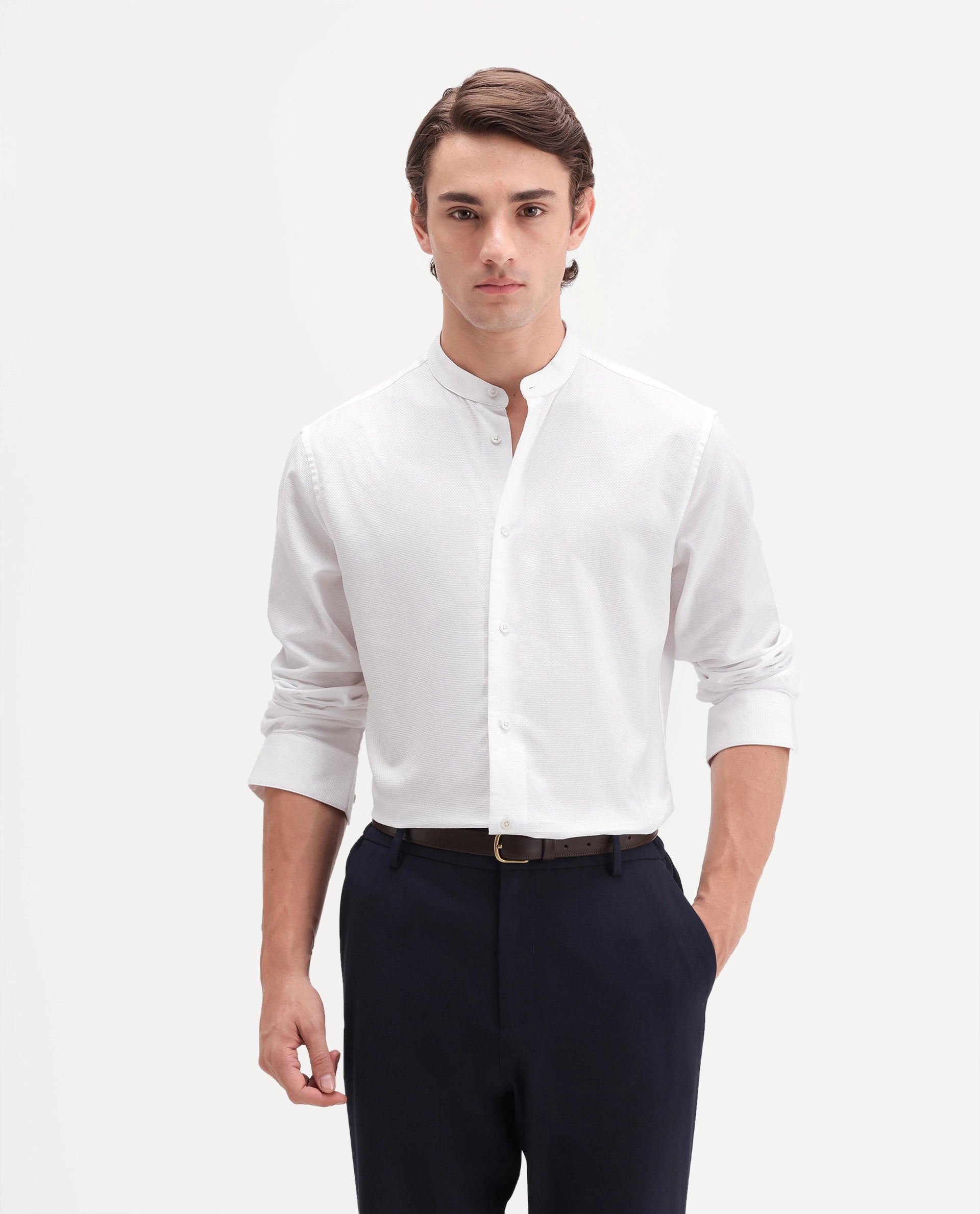 Rare Rabbit Men's Enigma White Cotton Mandarin Collar Regular Fit Plain Shirt