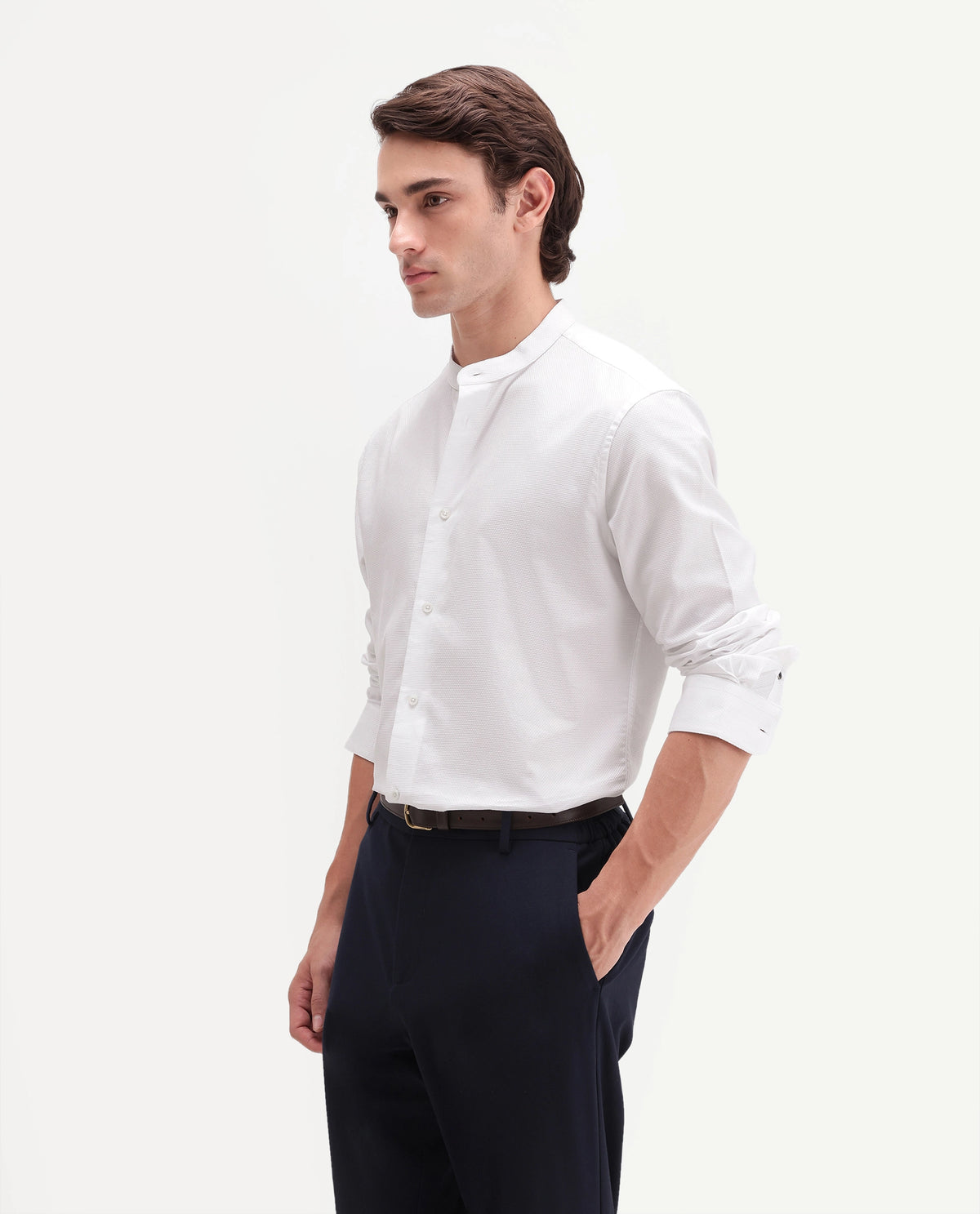 Rare Rabbit Men's Enigma White Cotton Mandarin Collar Regular Fit Plain Shirt