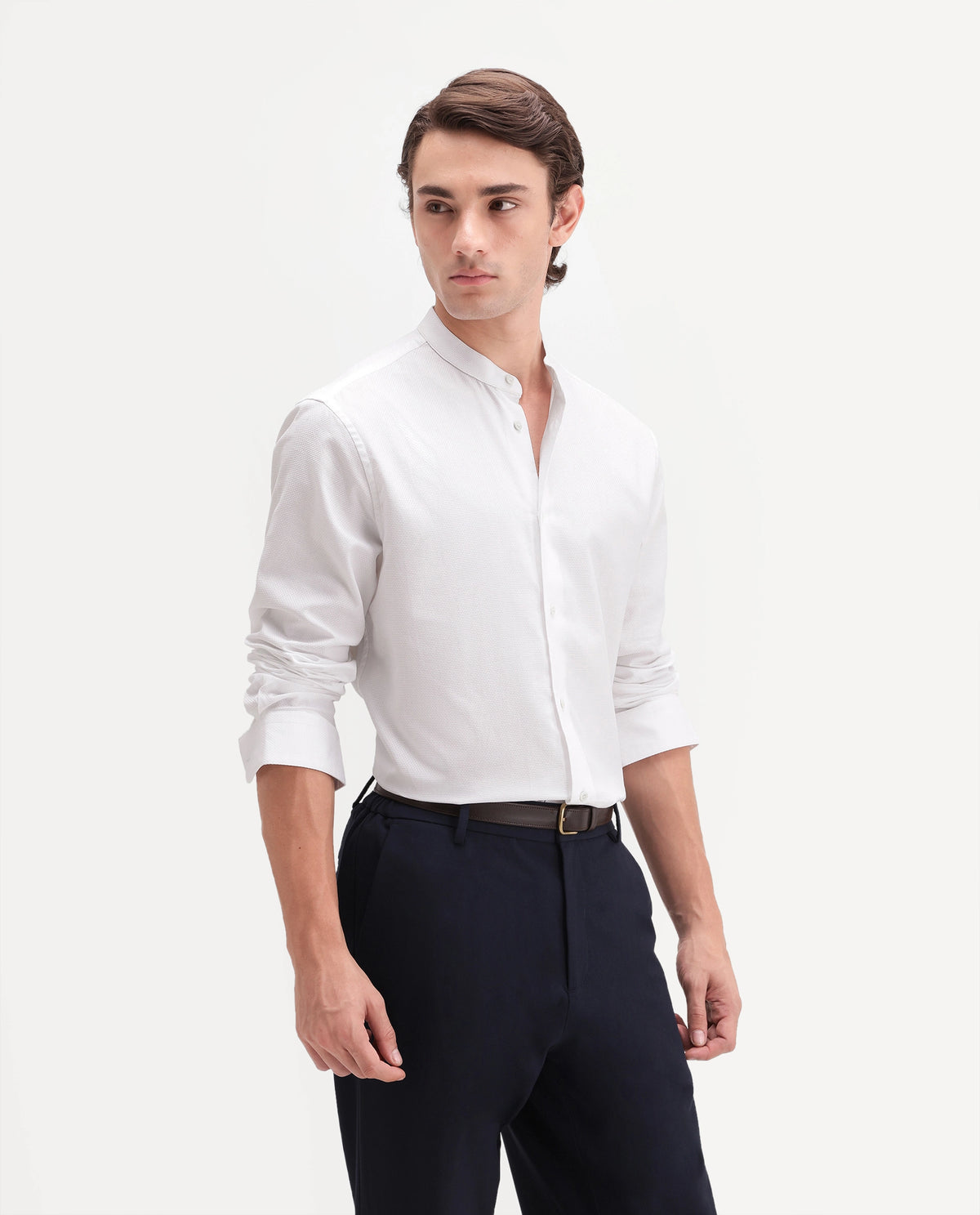 Rare Rabbit Men's Enigma White Cotton Mandarin Collar Regular Fit Plain Shirt