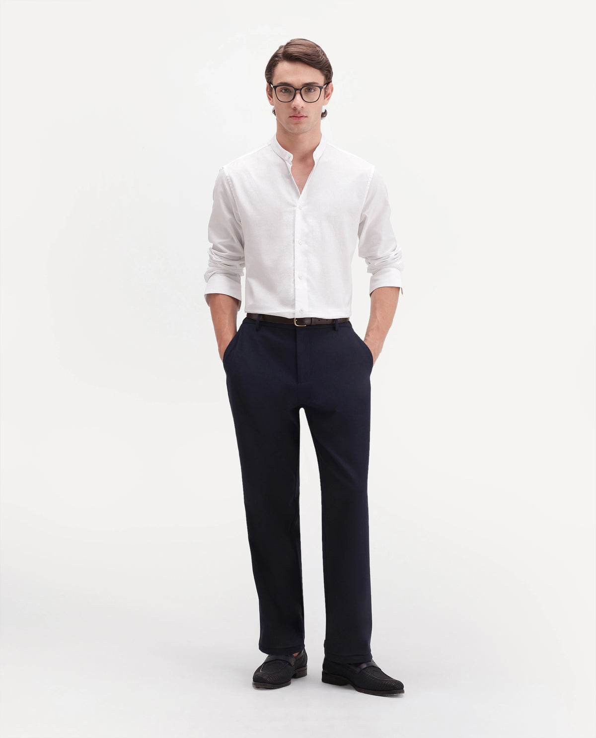Rare Rabbit Men's Enigma White Cotton Mandarin Collar Regular Fit Plain Shirt