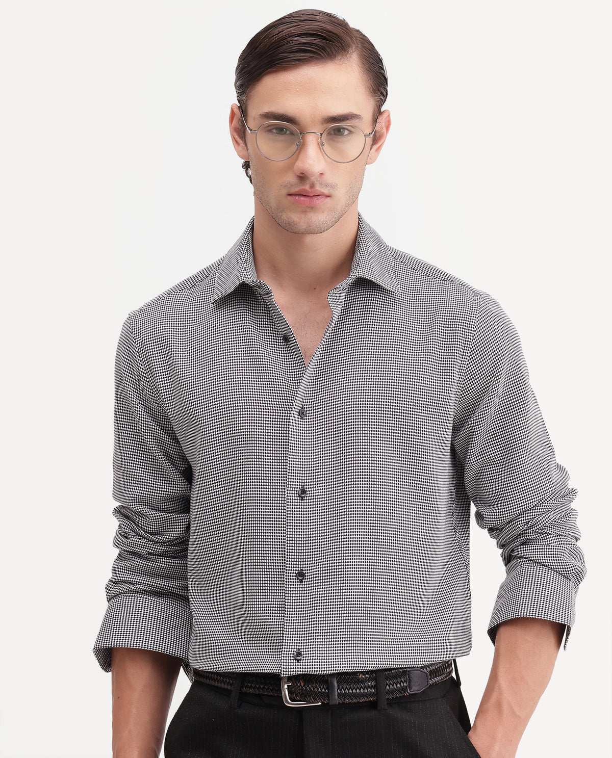 Rare Rabbit Men's Axel Black Cotton Blend Spread Collar Relaxed Fit Embroidered Shirt