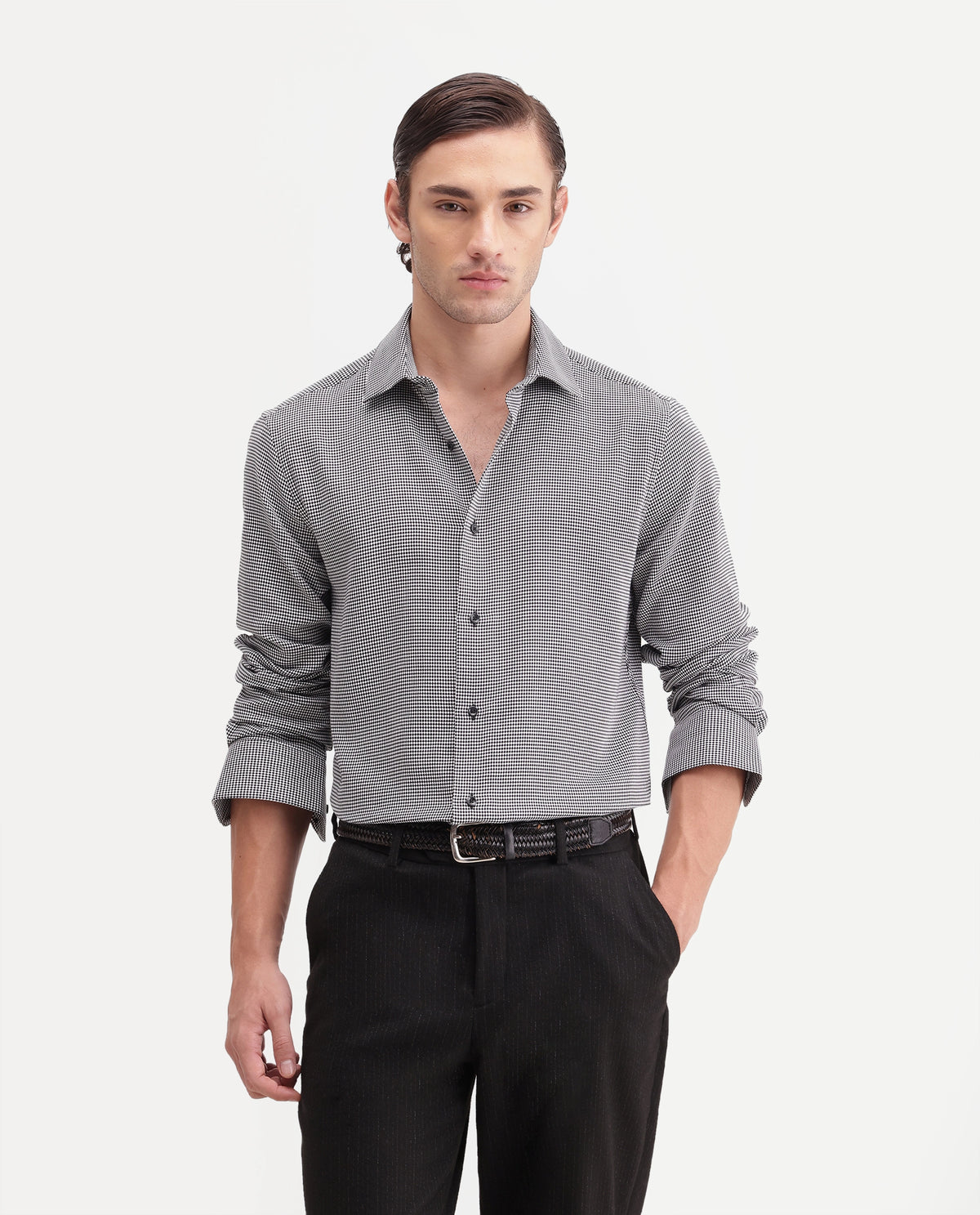 Rare Rabbit Men's Axel Black Cotton Blend Spread Collar Relaxed Fit Embroidered Shirt