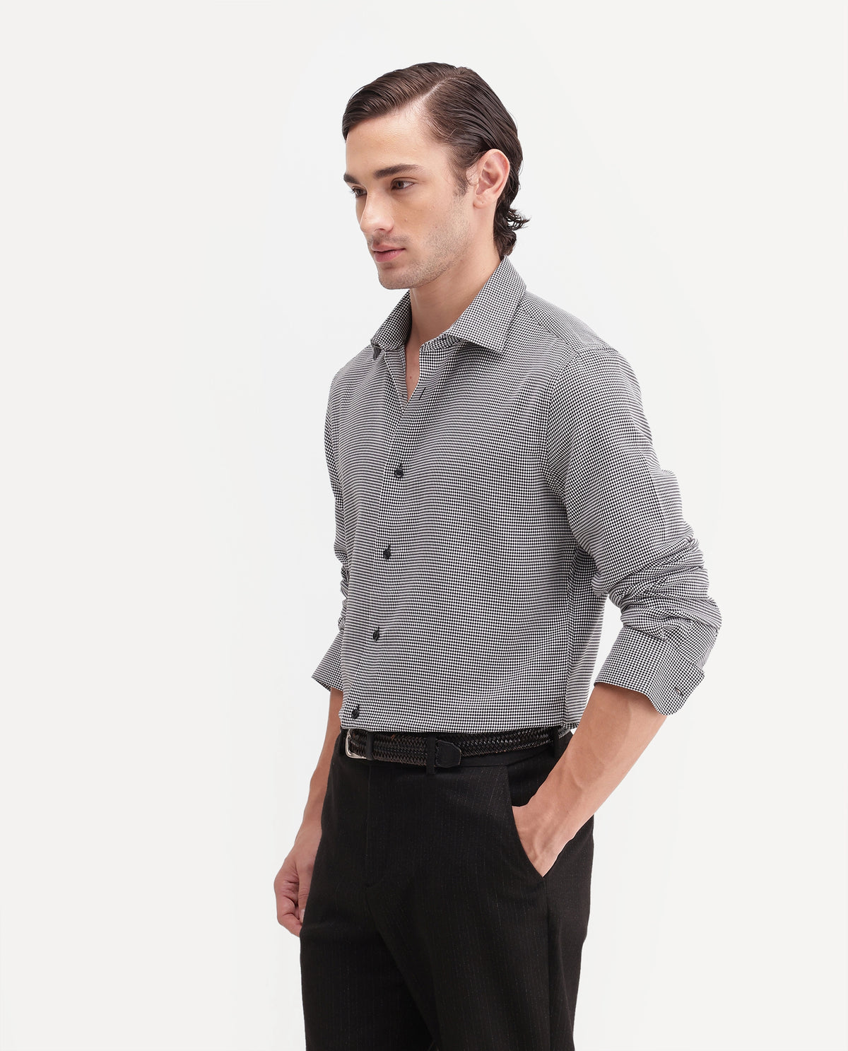Rare Rabbit Men's Axel Black Cotton Blend Spread Collar Relaxed Fit Embroidered Shirt