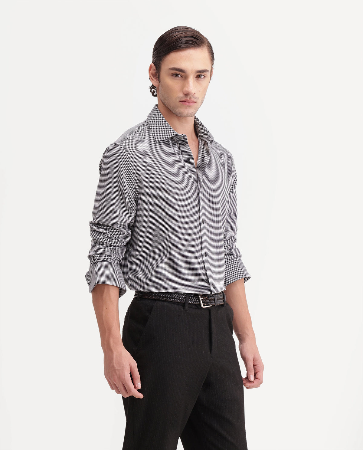 Rare Rabbit Men's Axel Black Cotton Blend Spread Collar Relaxed Fit Embroidered Shirt