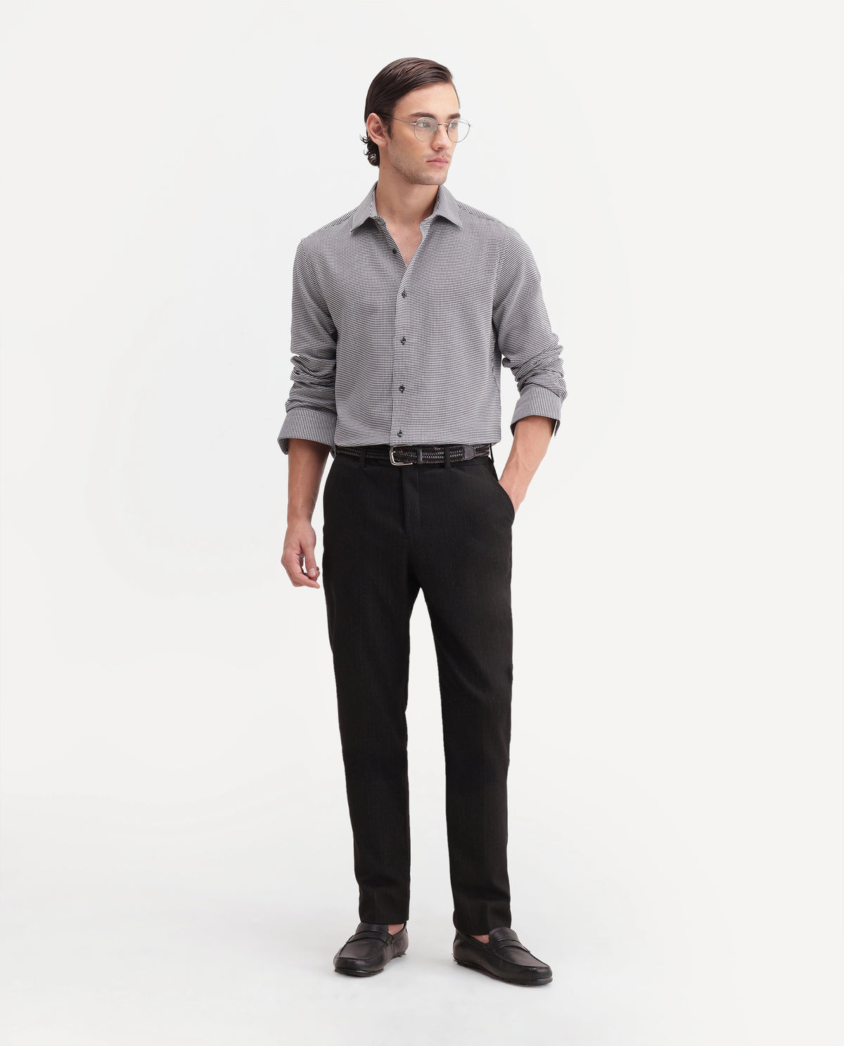 Rare Rabbit Men's Axel Black Cotton Blend Spread Collar Relaxed Fit Embroidered Shirt