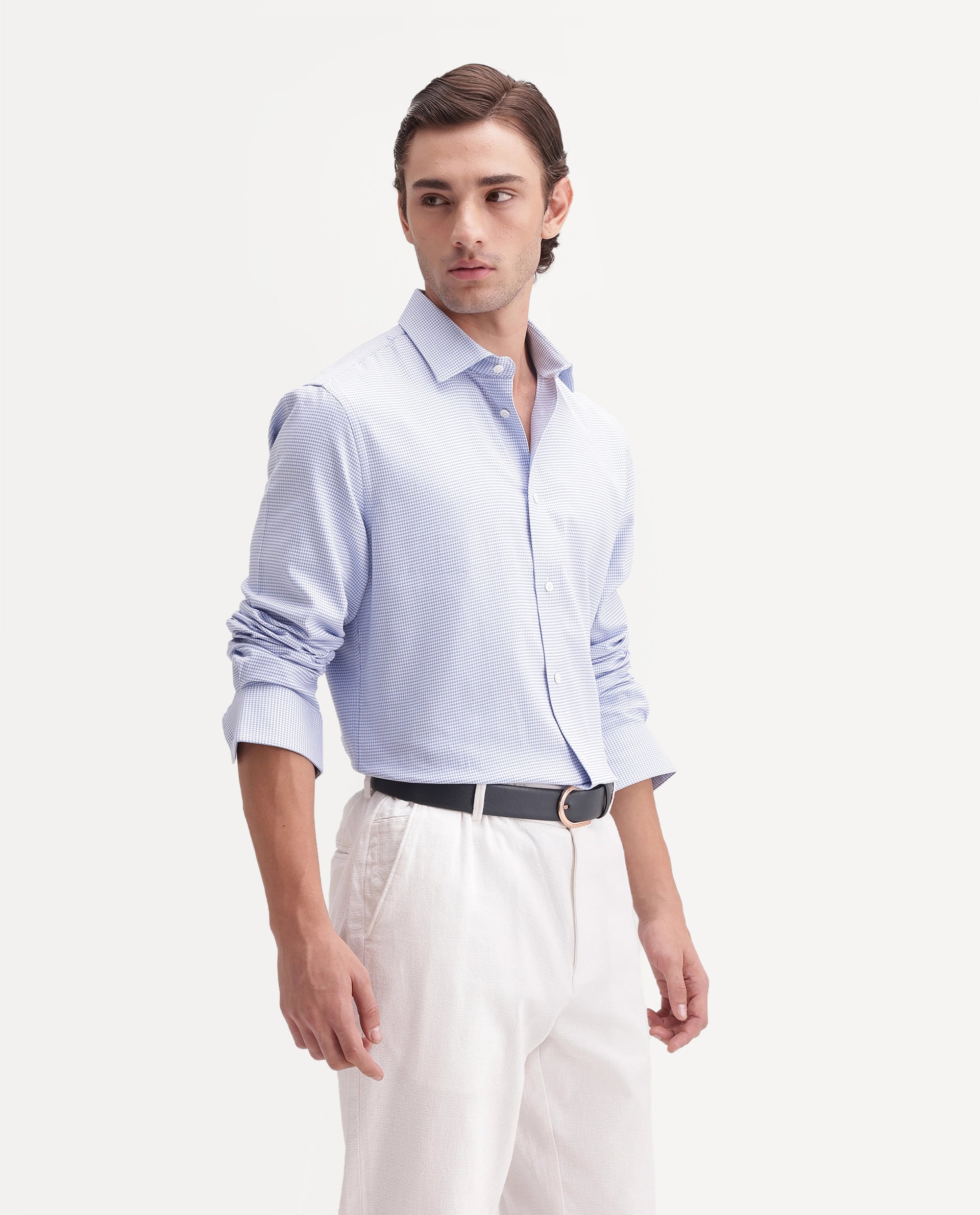Rare Rabbit Men's Sang Blue Cotton Spread Collar Regular Fit Checked Shirt