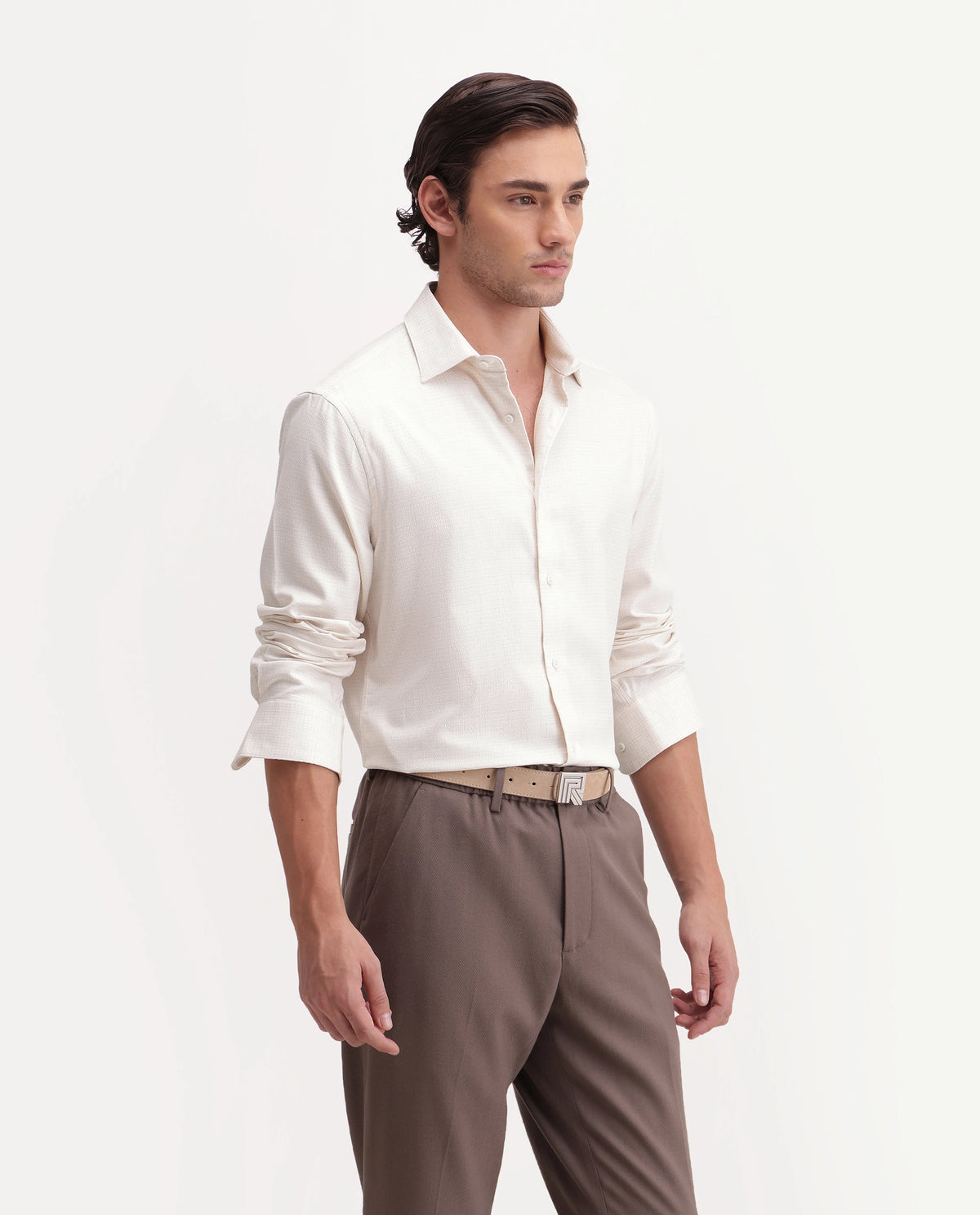 Rare Rabbit Men's Aran Beige Cotton Spread Collar Regular Fit Jacquard Shirt