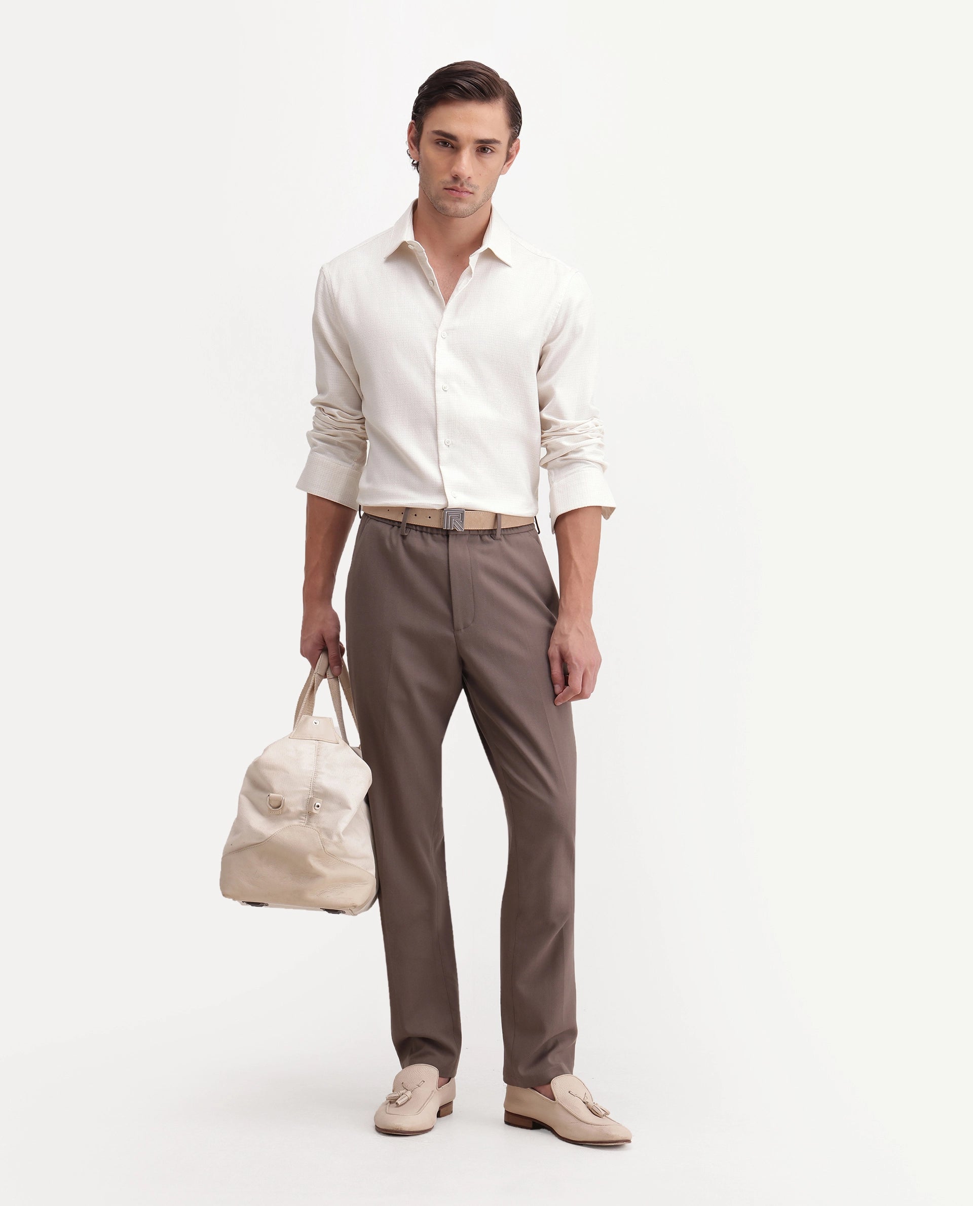 Rare Rabbit Men's Aran Beige Cotton Spread Collar Regular Fit Jacquard Shirt