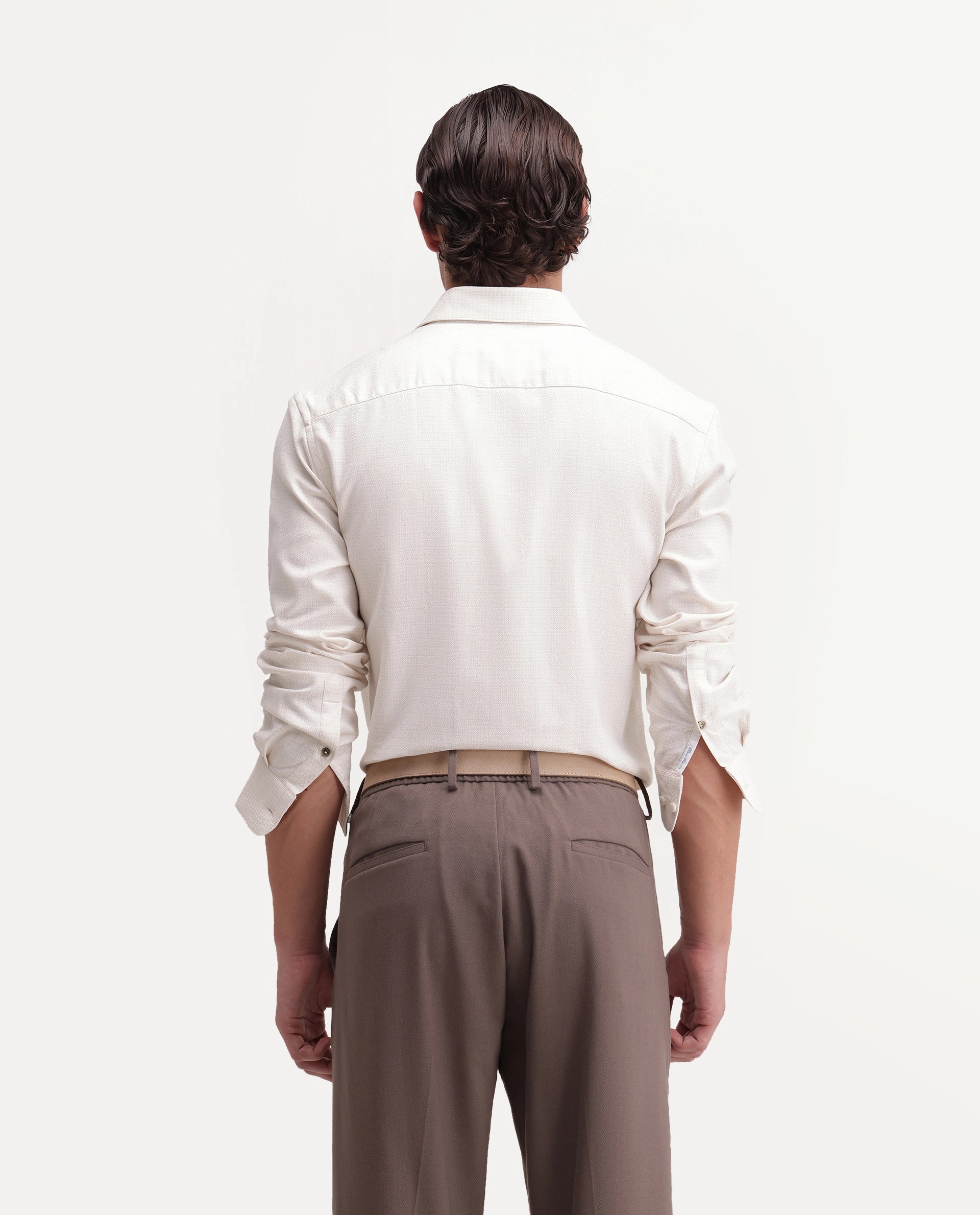 Rare Rabbit Men's Aran Beige Cotton Spread Collar Regular Fit Jacquard Shirt