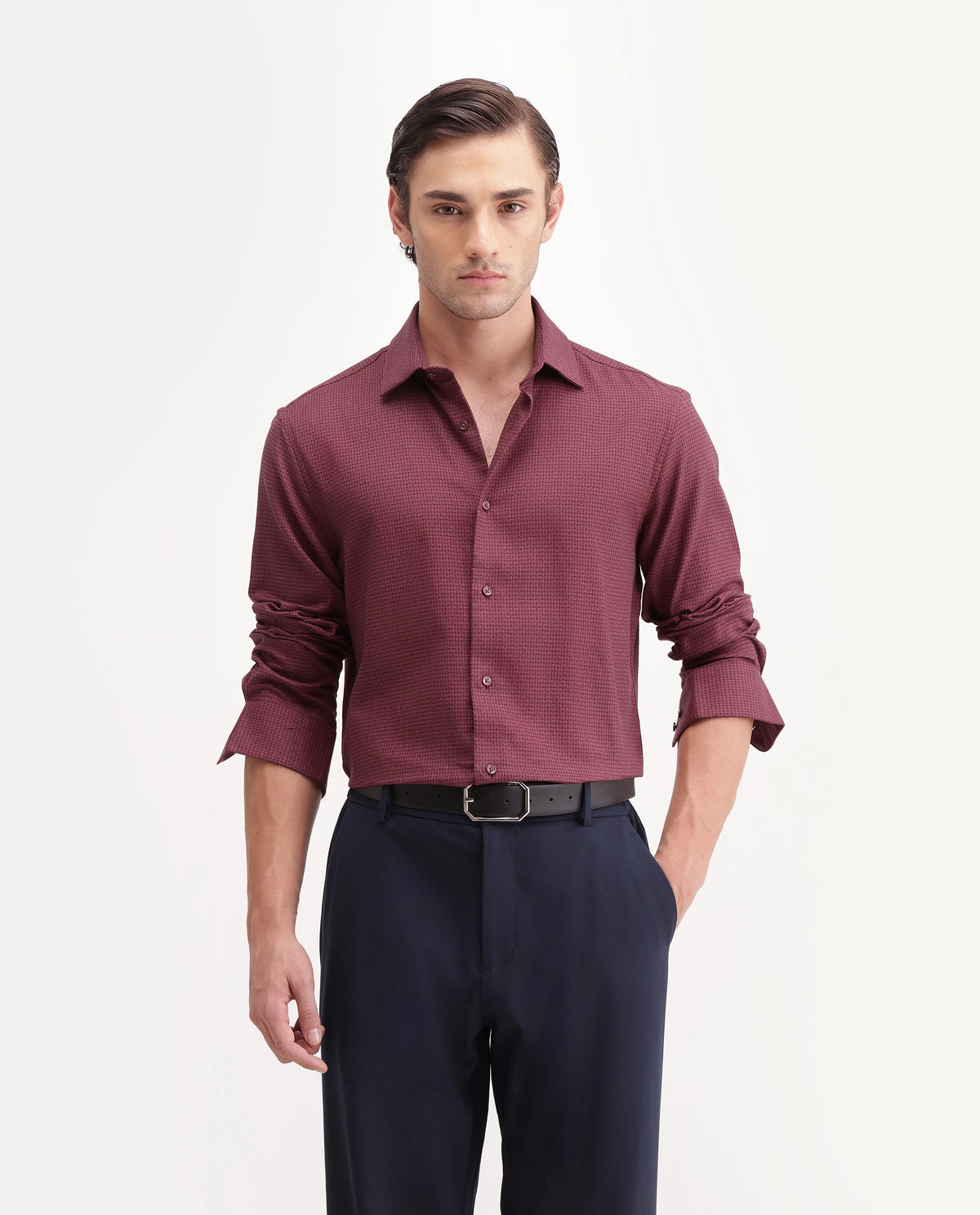 Rare Rabbit Men's Aran Red Cotton Spread Collar Regular Fit Jacquard Shirt