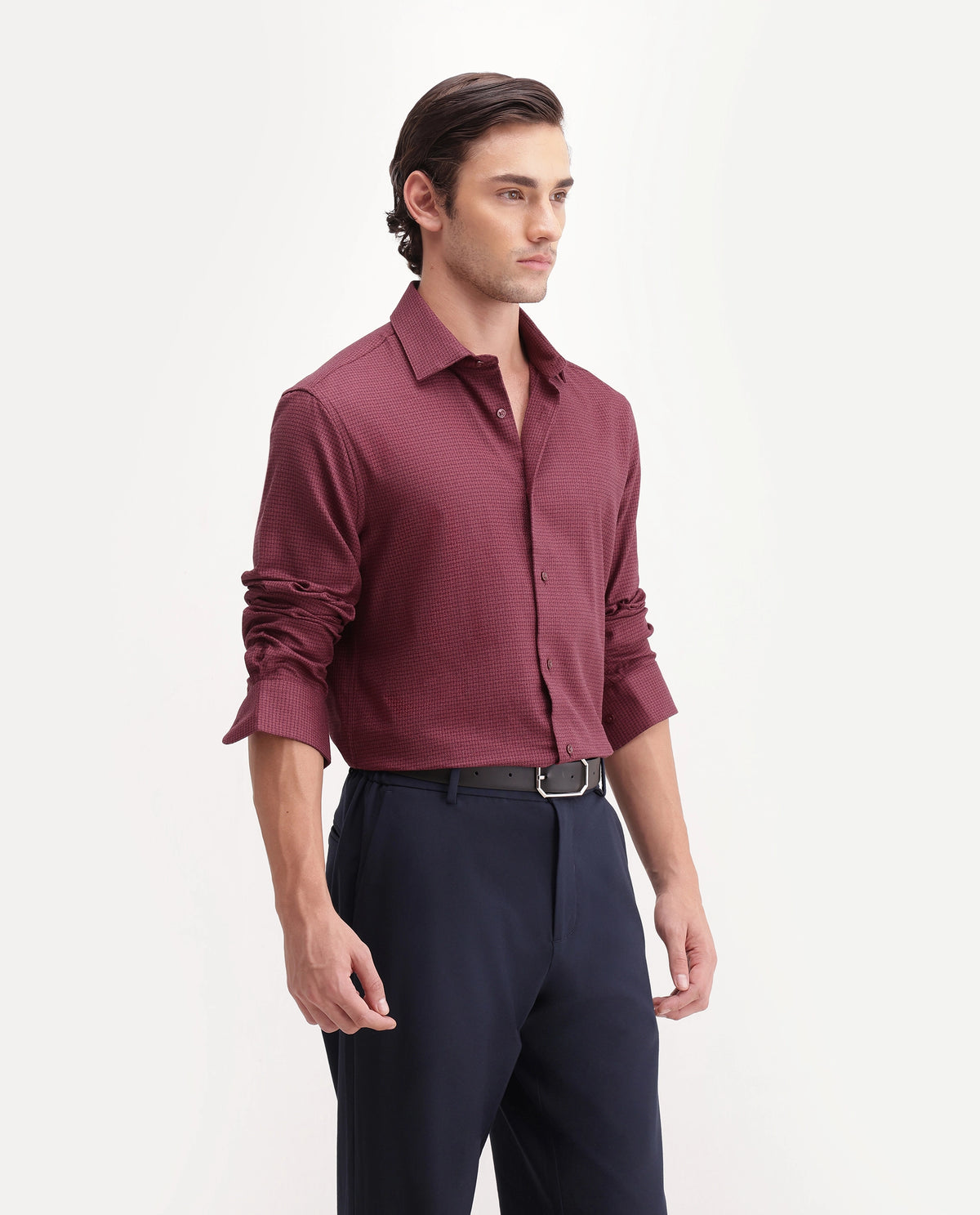 Rare Rabbit Men's Aran Red Cotton Spread Collar Regular Fit Jacquard Shirt