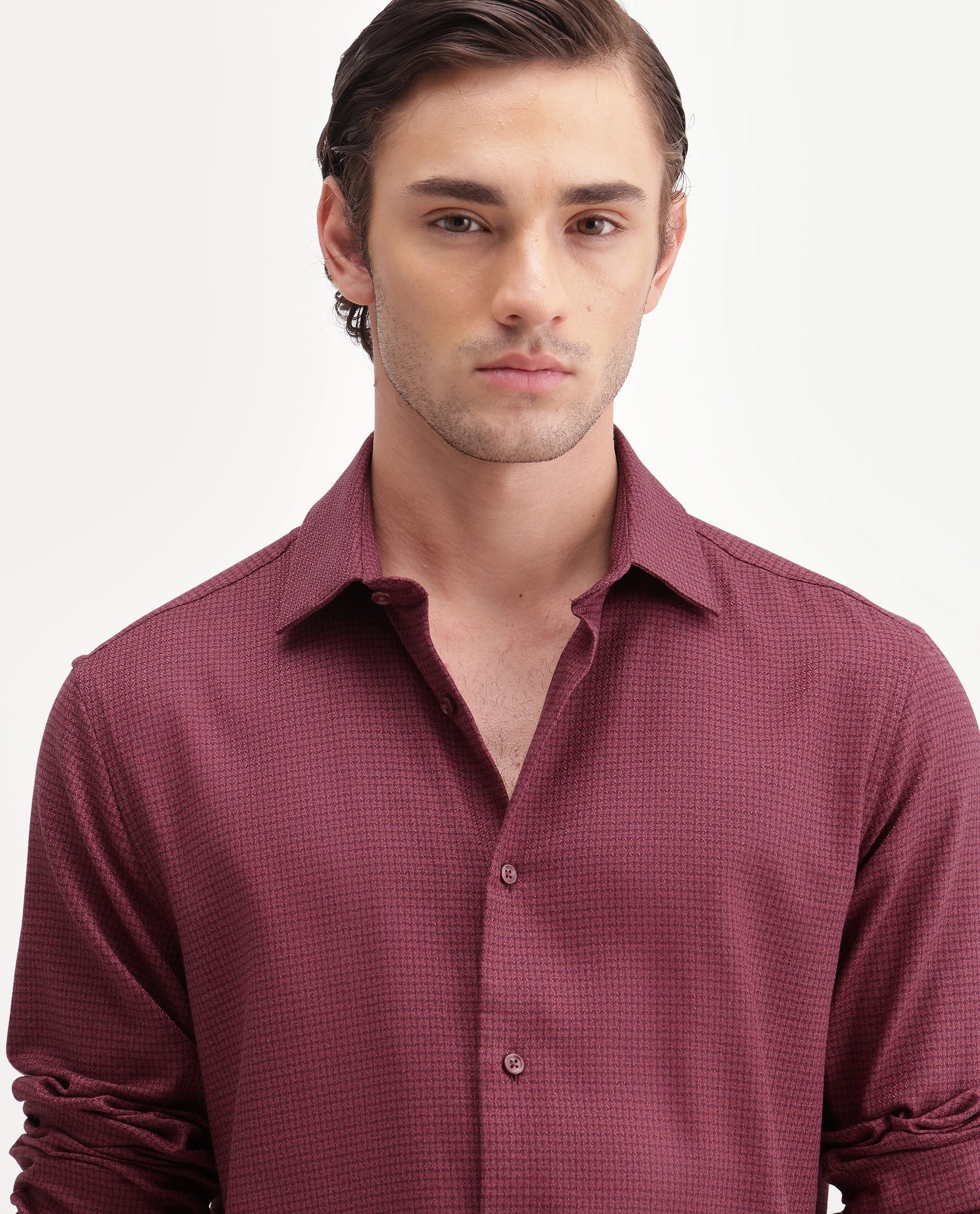 Rare Rabbit Men's Aran Red Cotton Spread Collar Regular Fit Jacquard Shirt