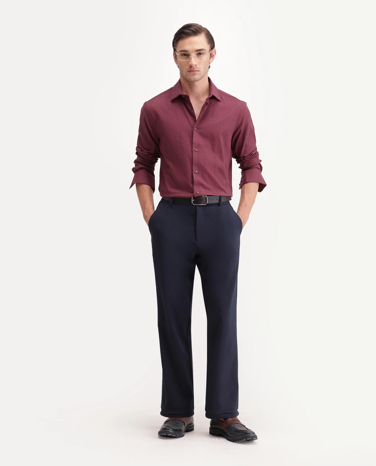 Rare Rabbit Men's Aran Red Cotton Spread Collar Regular Fit Jacquard Shirt