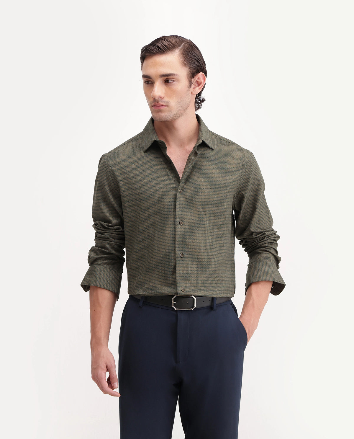 Rare Rabbit Men's Aran Green Cotton Spread Collar Regular Fit Jacquard Shirt