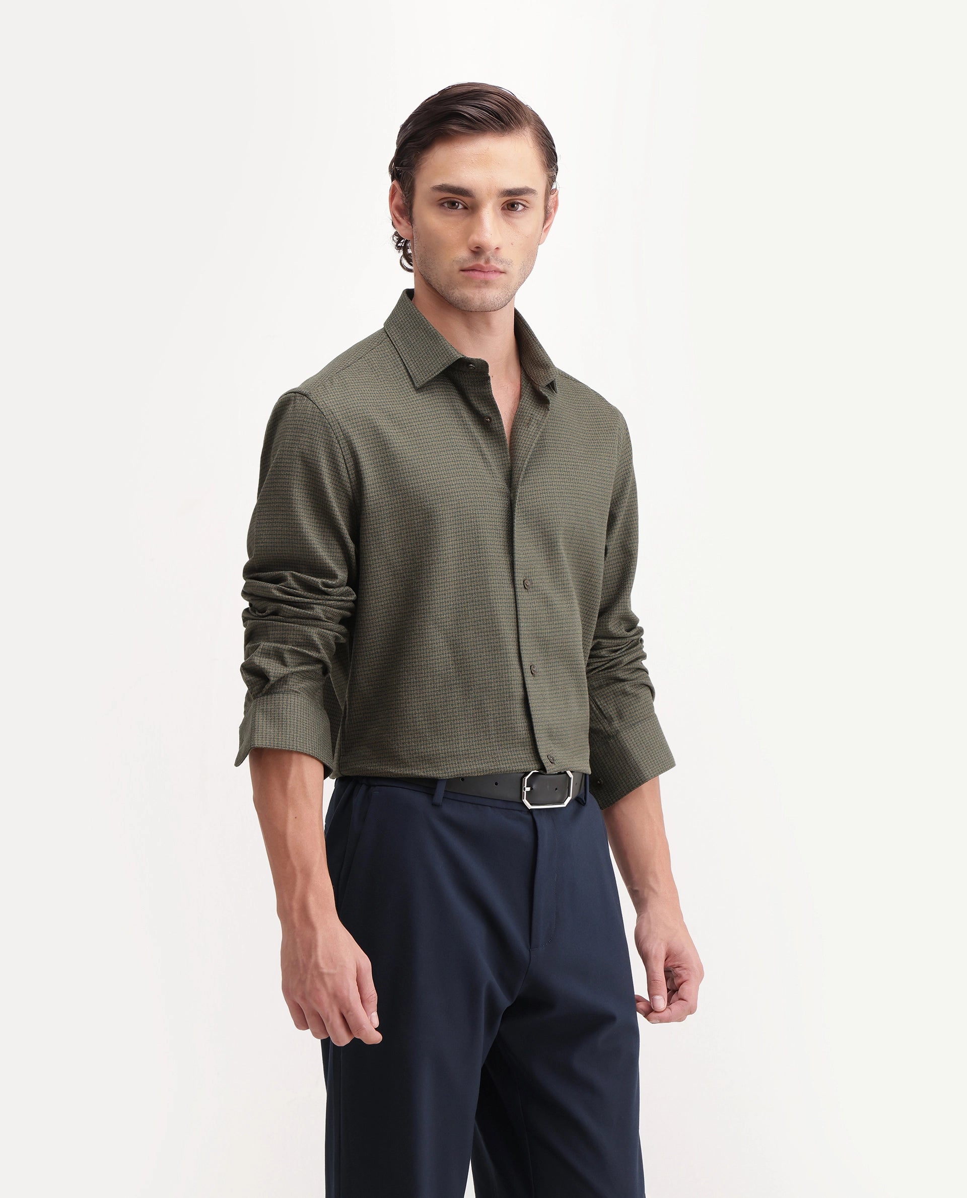 Rare Rabbit Men's Aran Green Cotton Spread Collar Regular Fit Jacquard Shirt