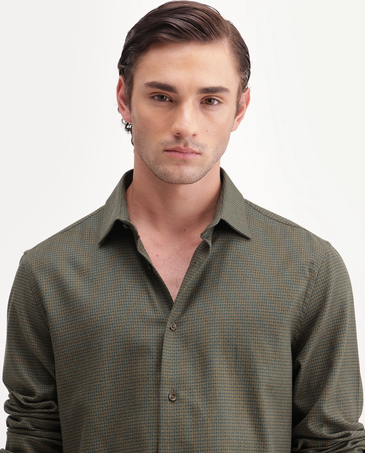 Rare Rabbit Men's Aran Green Cotton Spread Collar Regular Fit Jacquard Shirt