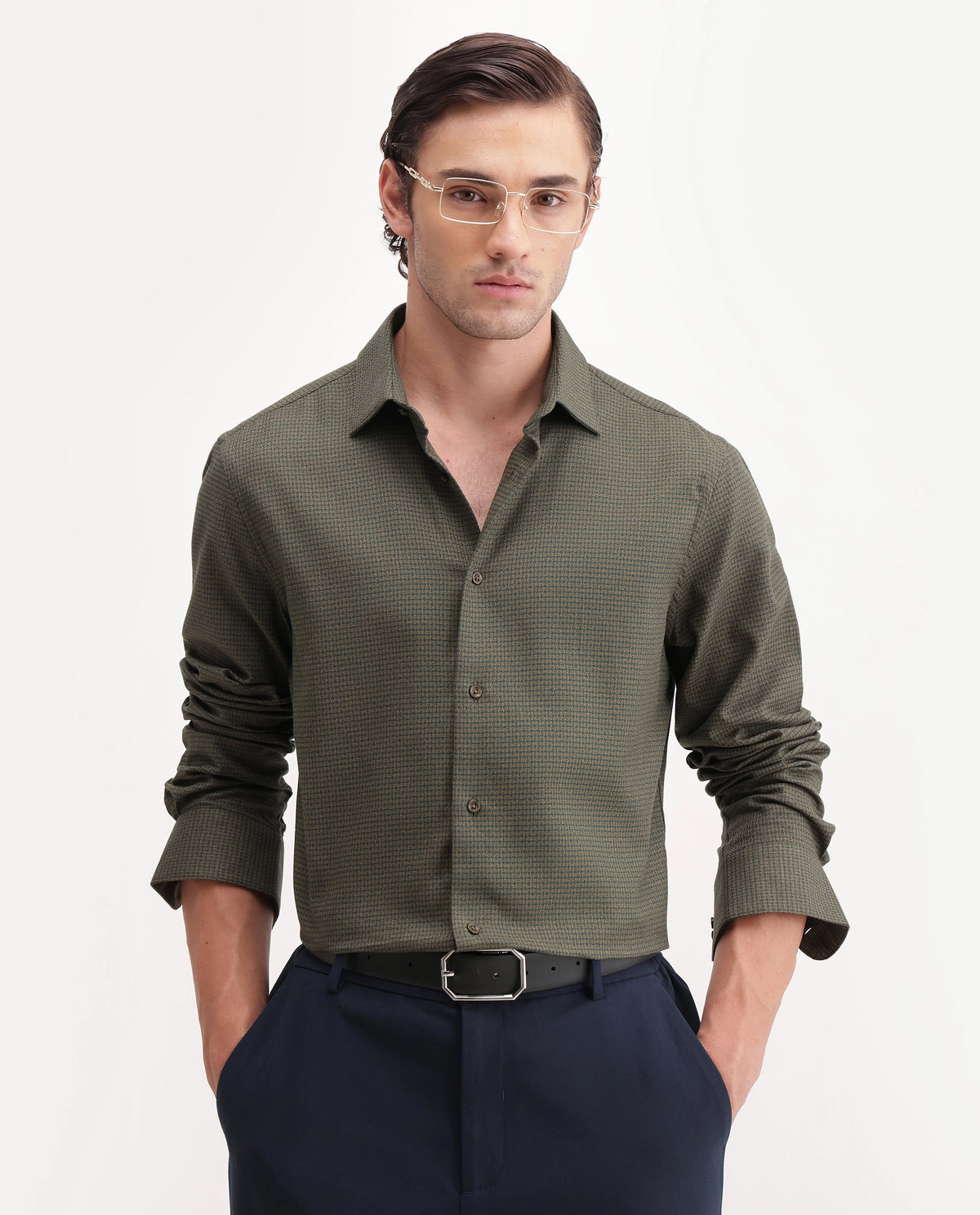 Rare Rabbit Men's Aran Green Cotton Spread Collar Regular Fit Jacquard Shirt