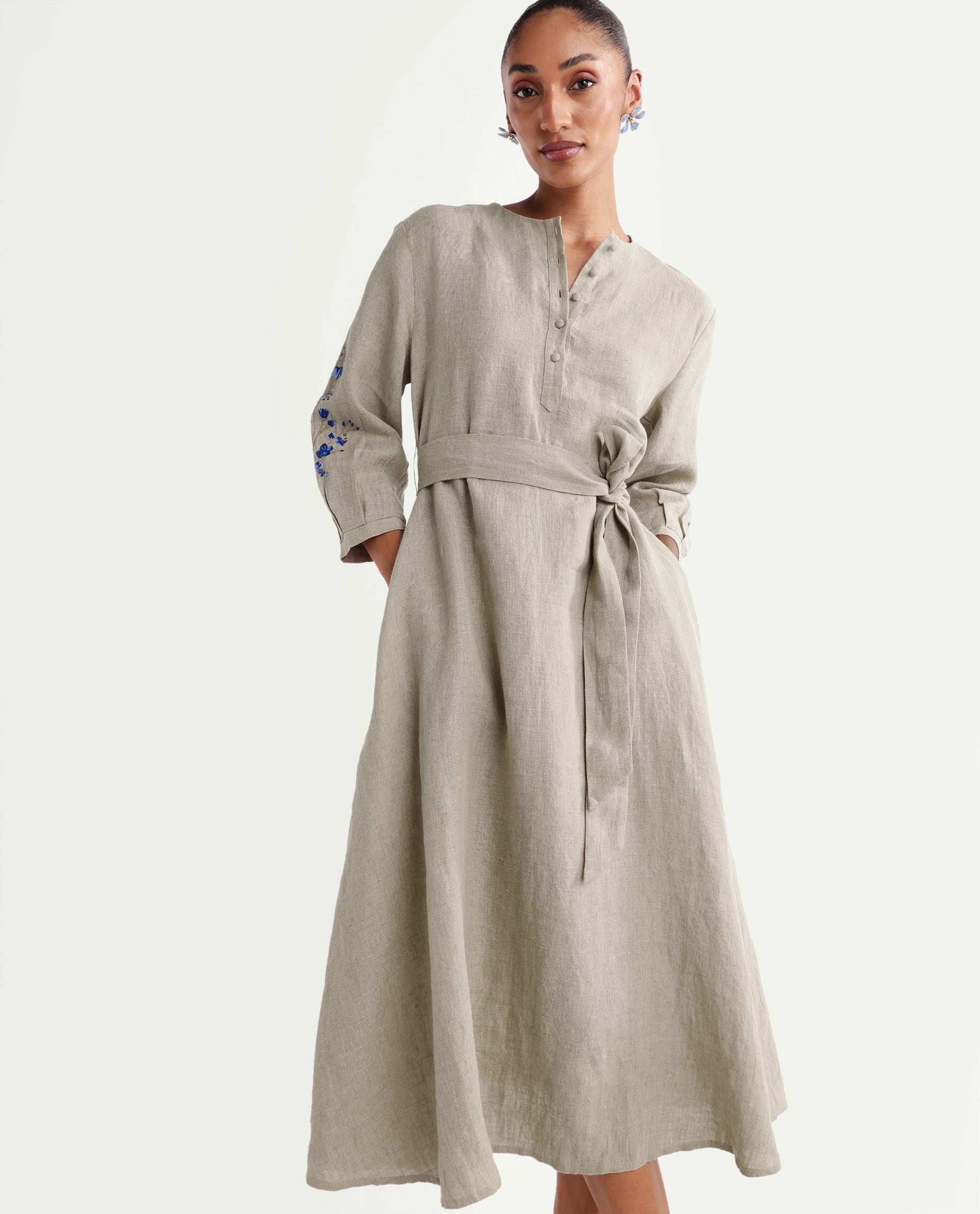 Rareism Women's Rubinot Dusky Beige 100% Linen Crew Neck Button A-Line Plain Dress