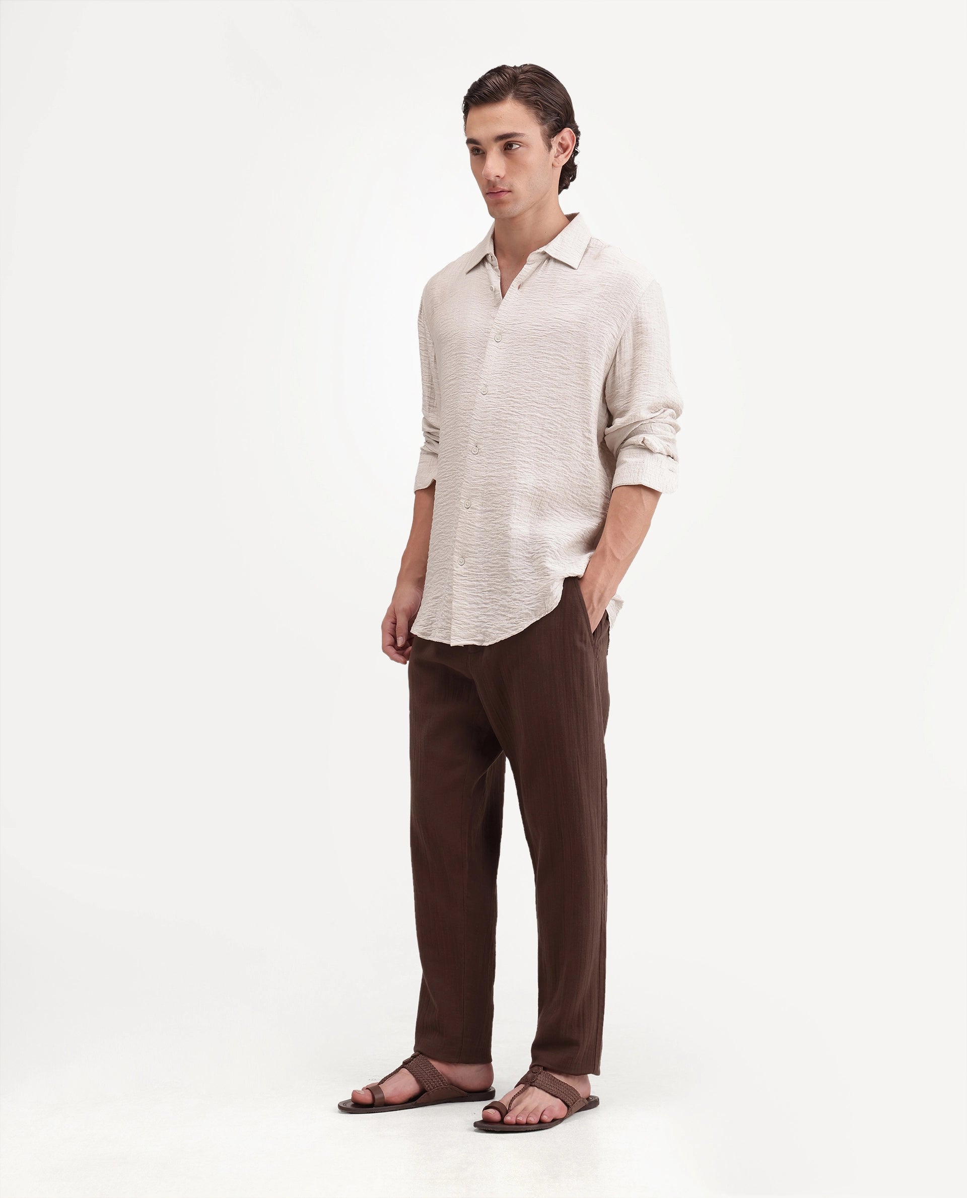 Rare Rabbit Men's Pastor-Aw26 Primary Brown Cotton Button And Zip Regular Plain Trouser