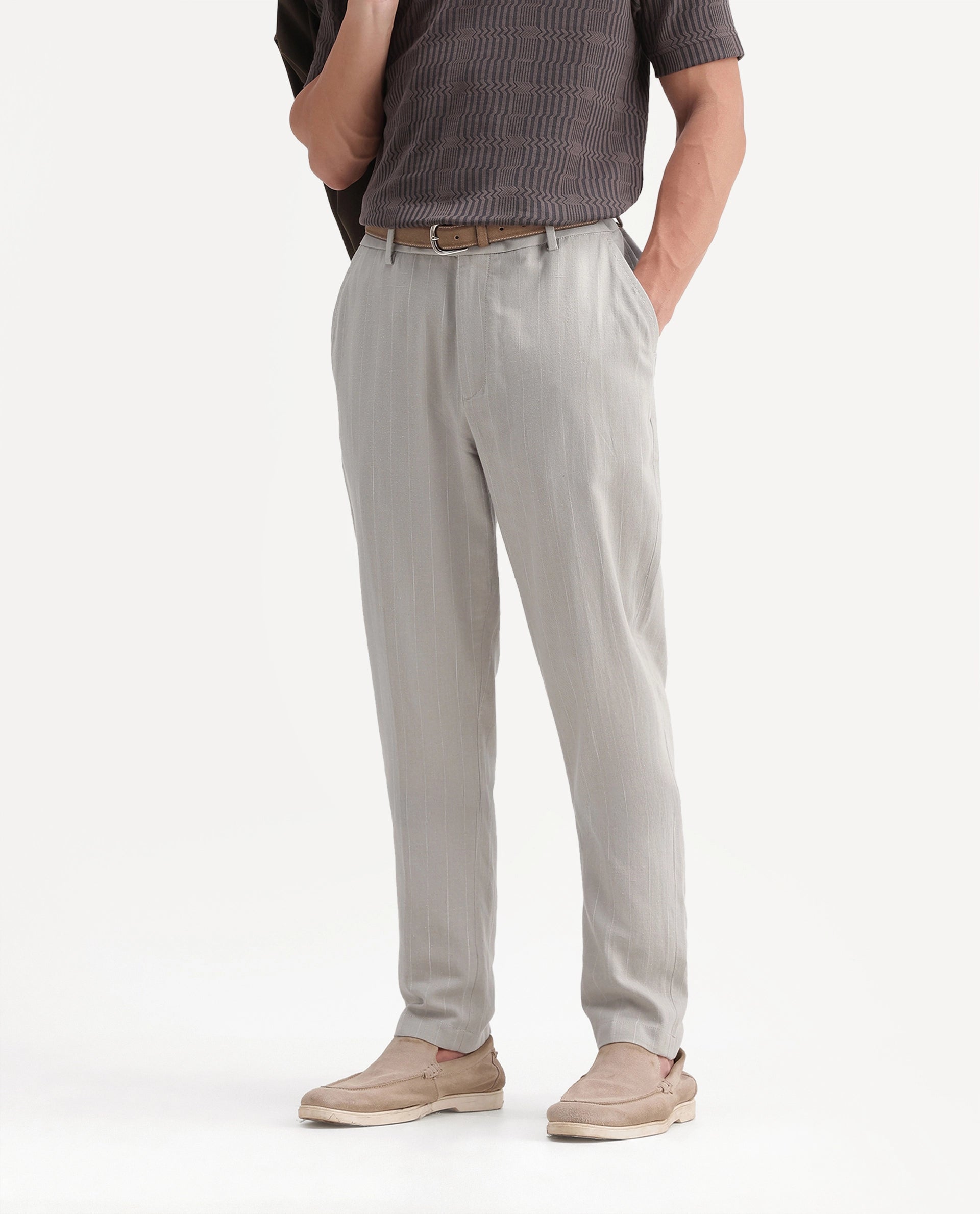Rare Rabbit Men's Jlo-A26 Light Green Linen Blend Button And Zip Regular Striped Trouser