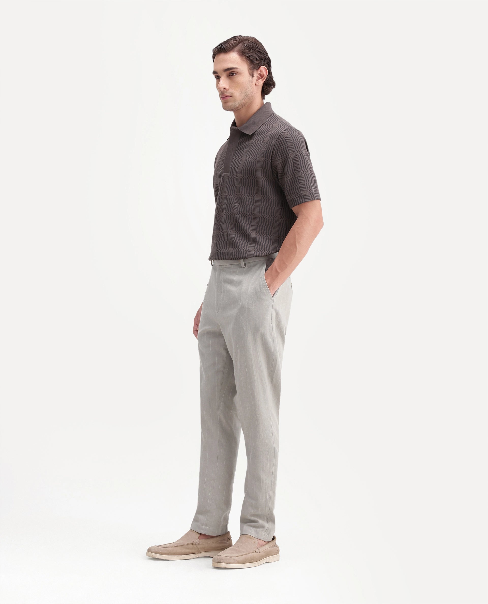 Rare Rabbit Men's Jlo-A26 Light Green Linen Blend Button And Zip Regular Striped Trouser