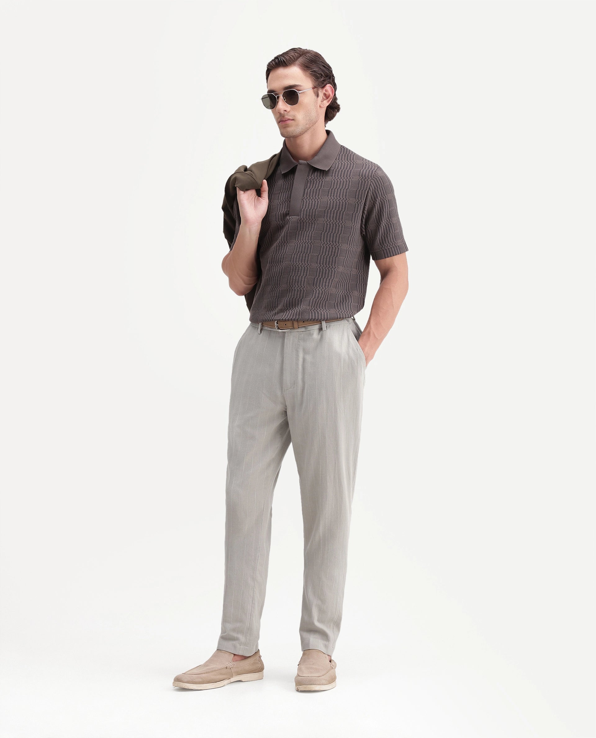Rare Rabbit Men's Jlo-A26 Light Green Linen Blend Button And Zip Regular Striped Trouser