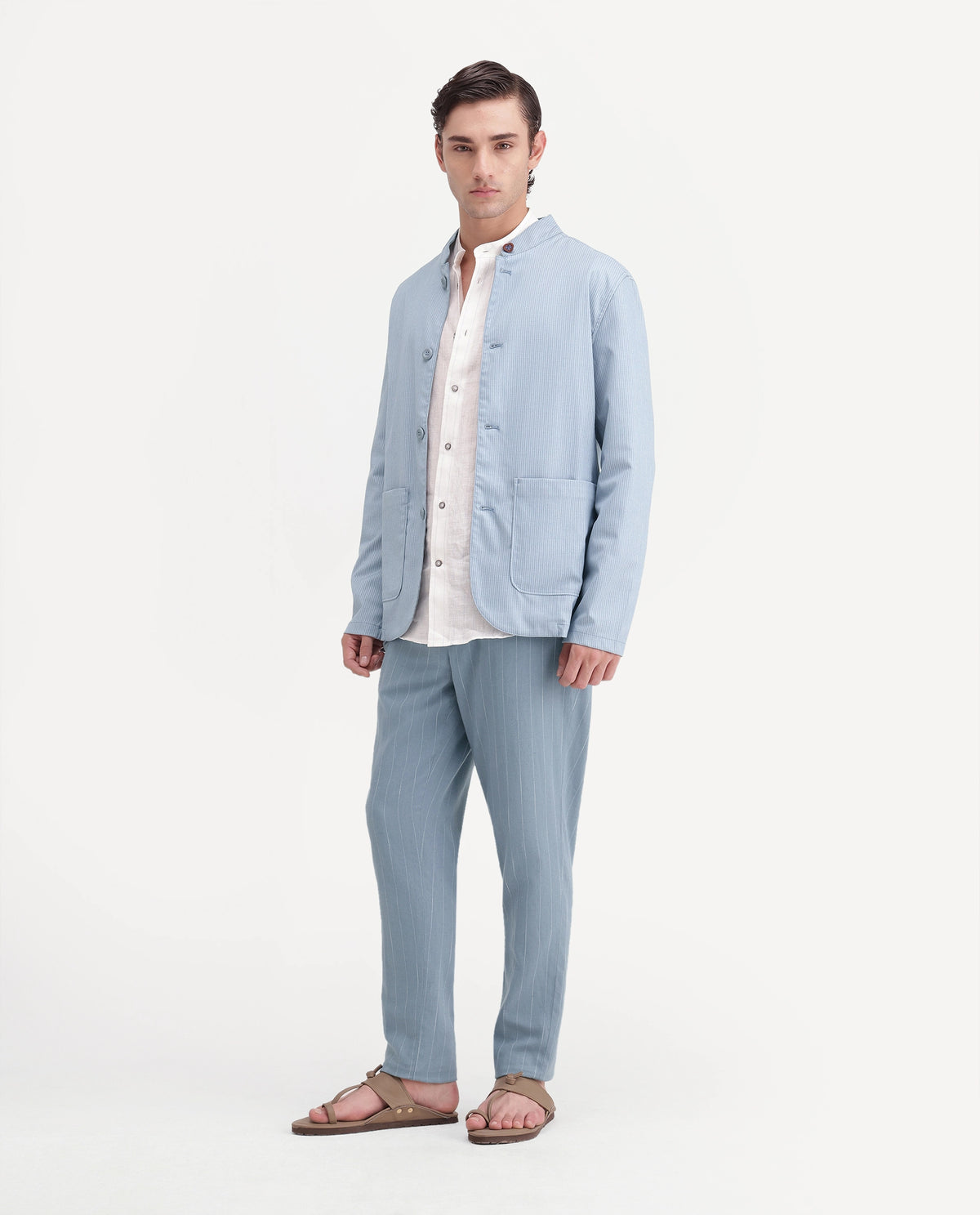 Rare Rabbit Men's Jlo-A26 Light Blue Linen Blend Button And Zip Regular Striped Trouser