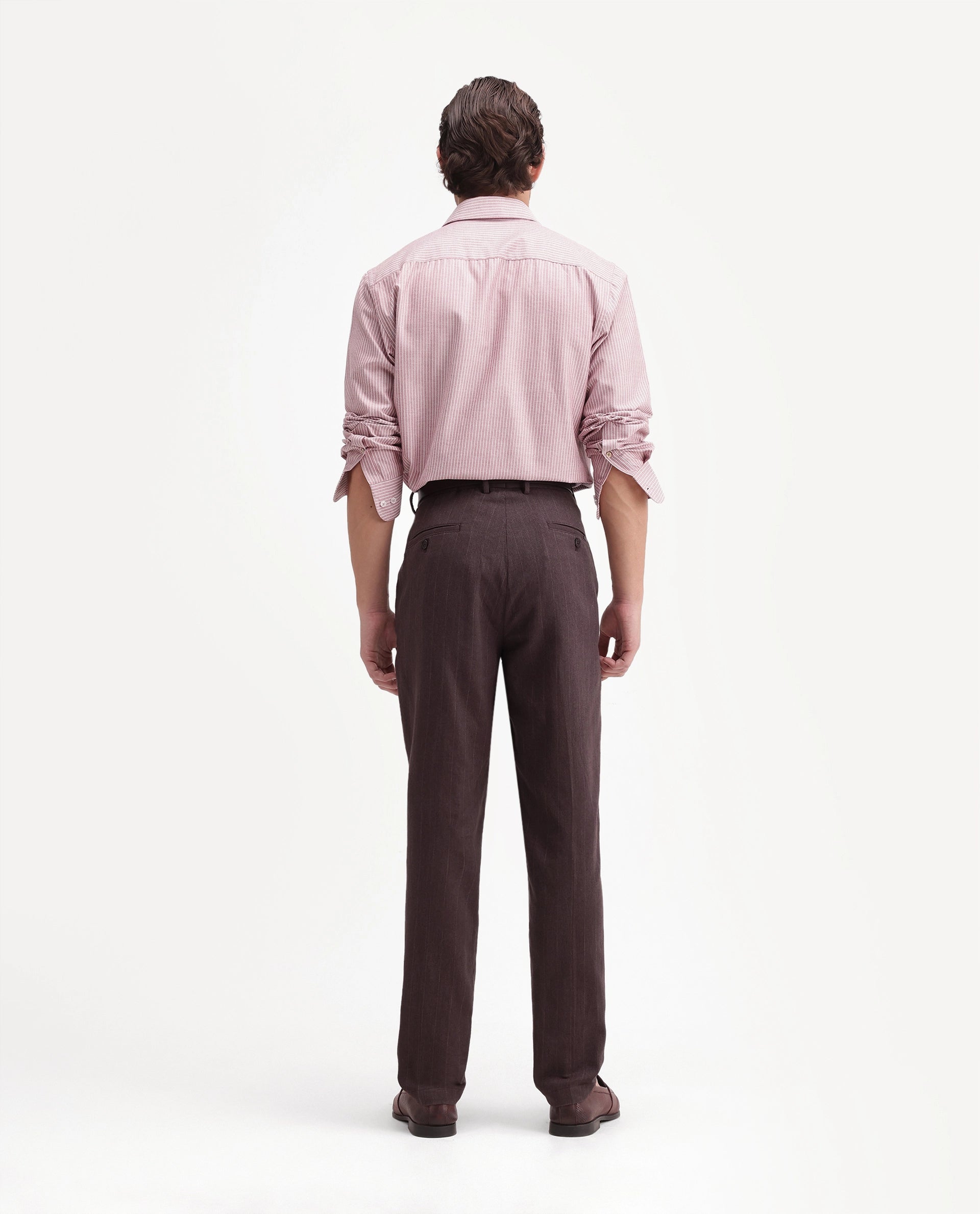 Rare Rabbit Men's Jlo-A26 Dusky Brown Linen Blend Button And Zip Regular Striped Trouser