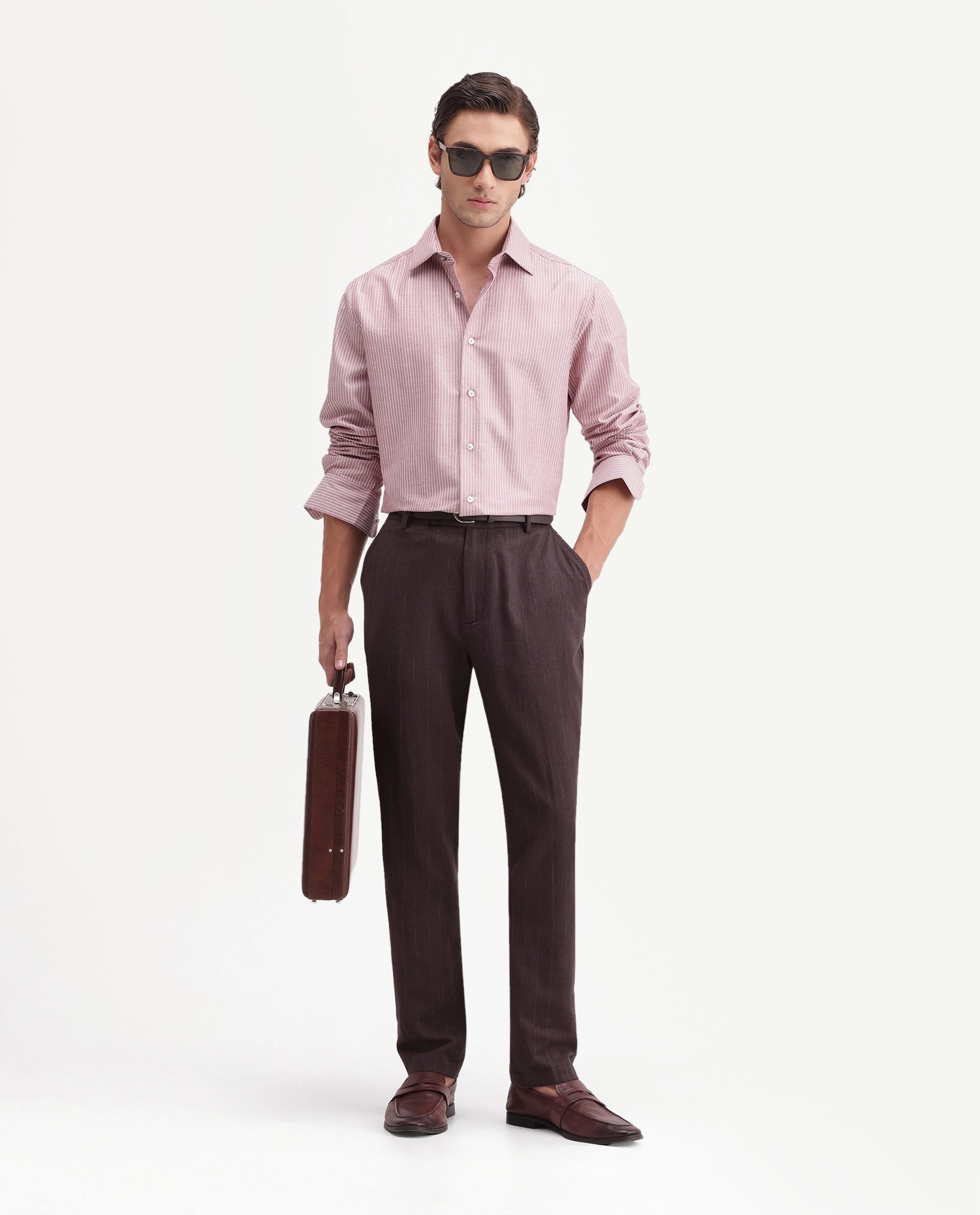 Rare Rabbit Men's Jlo-A26 Dusky Brown Linen Blend Button And Zip Regular Striped Trouser